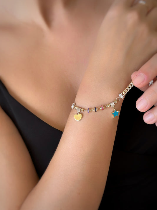 14k Solid Gold Multicolor Charm Chain Bracelet