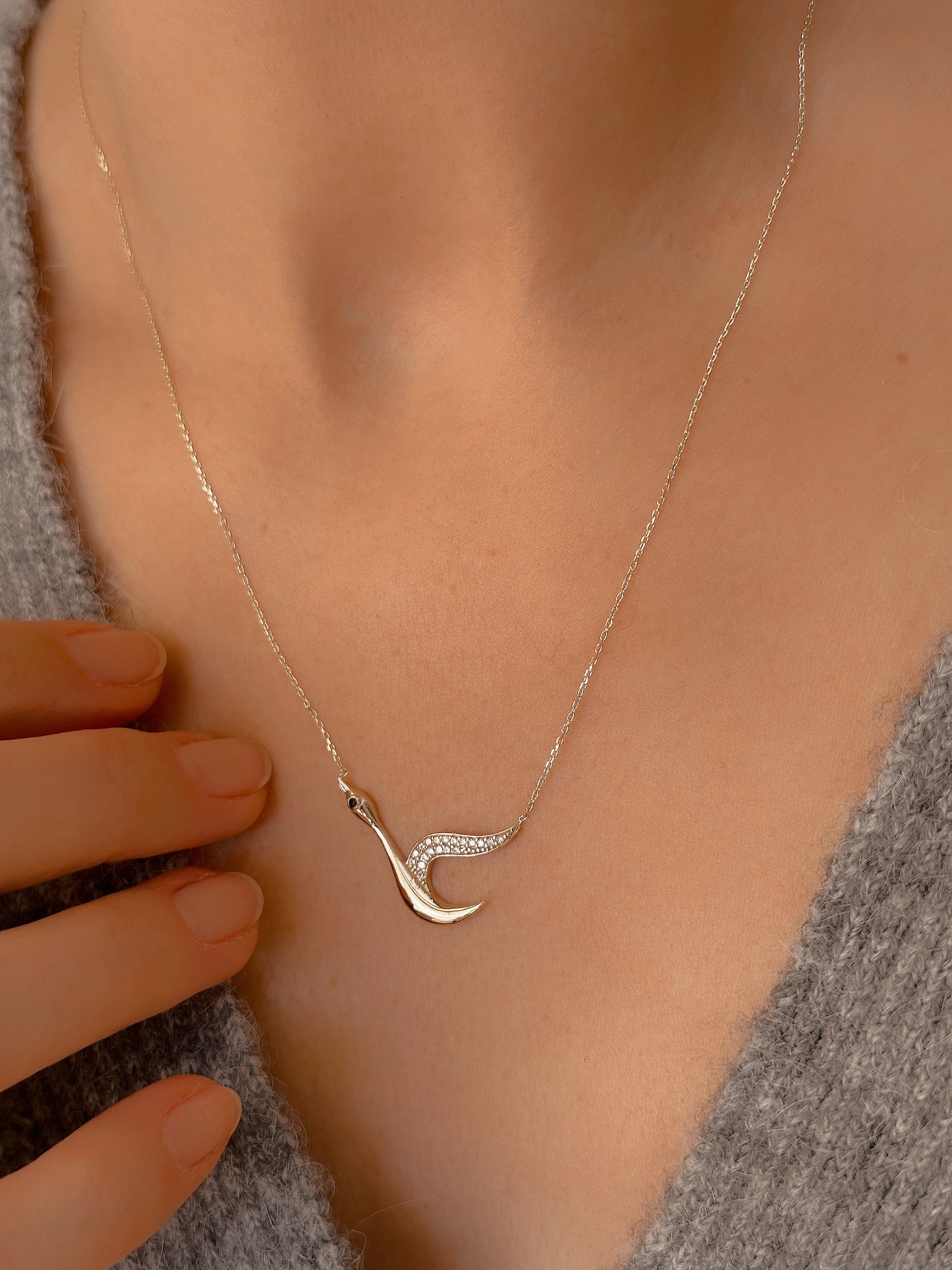 Crane Bird 14K Solid Gold Charm Necklace