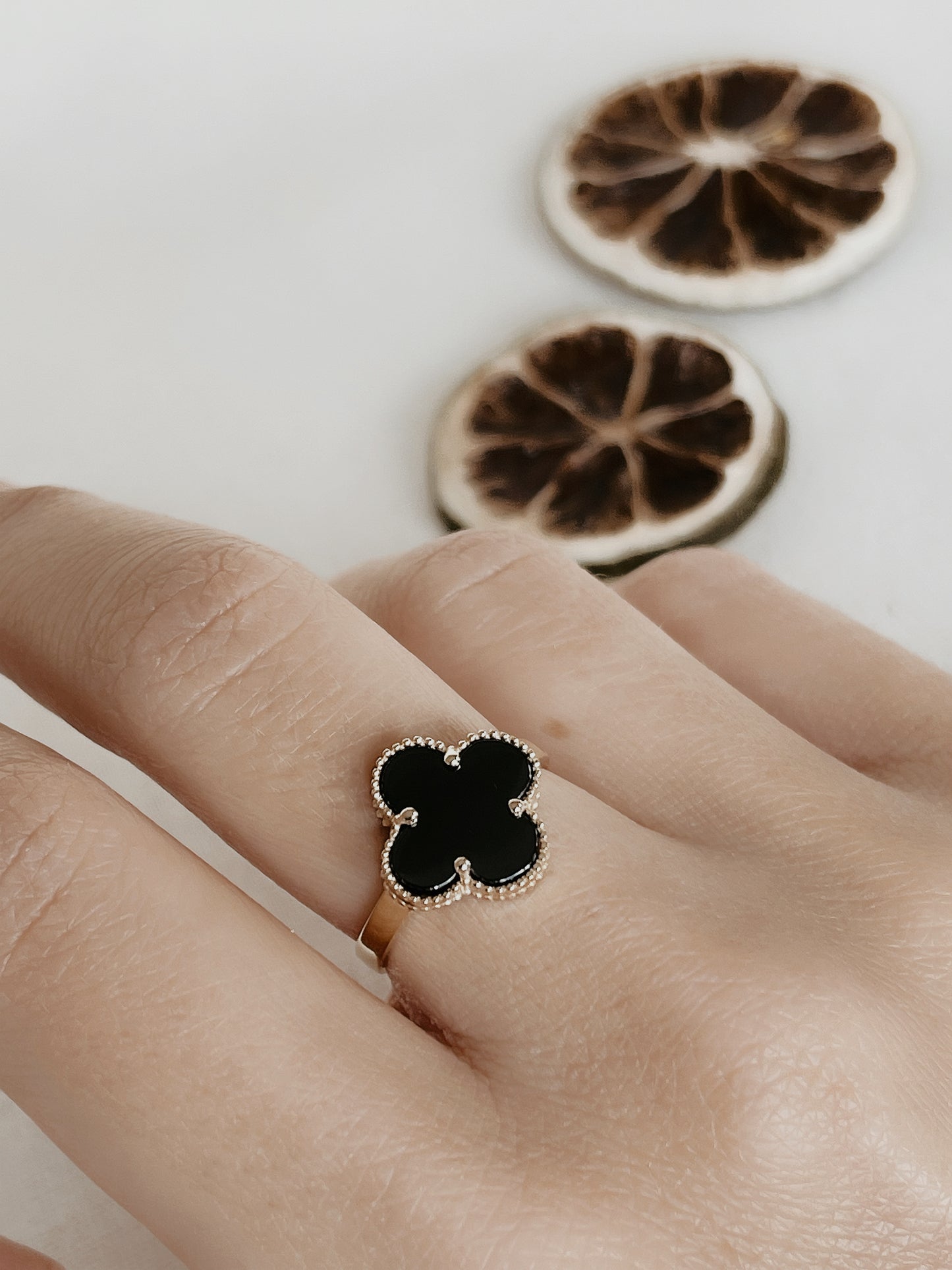 14K Solid Gold Four Leaf Malachite Clover Ring, Onyx Black Colors Stackable Ring