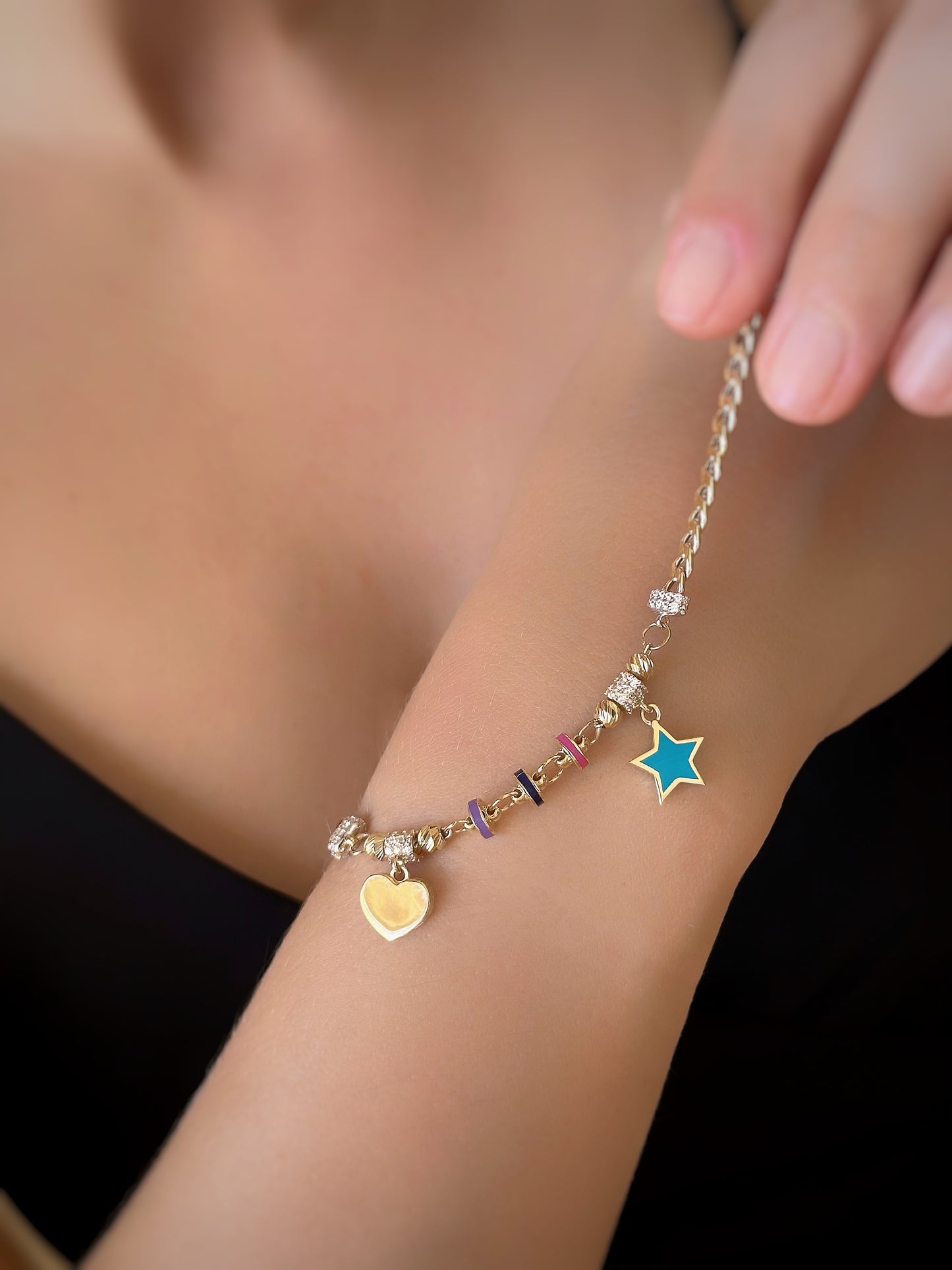 14k Solid Gold Multicolor Charm Chain Bracelet