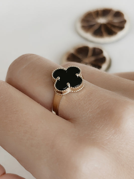 14K Solid Gold Four Leaf Malachite Clover Ring, Onyx Black Colors Stackable Ring