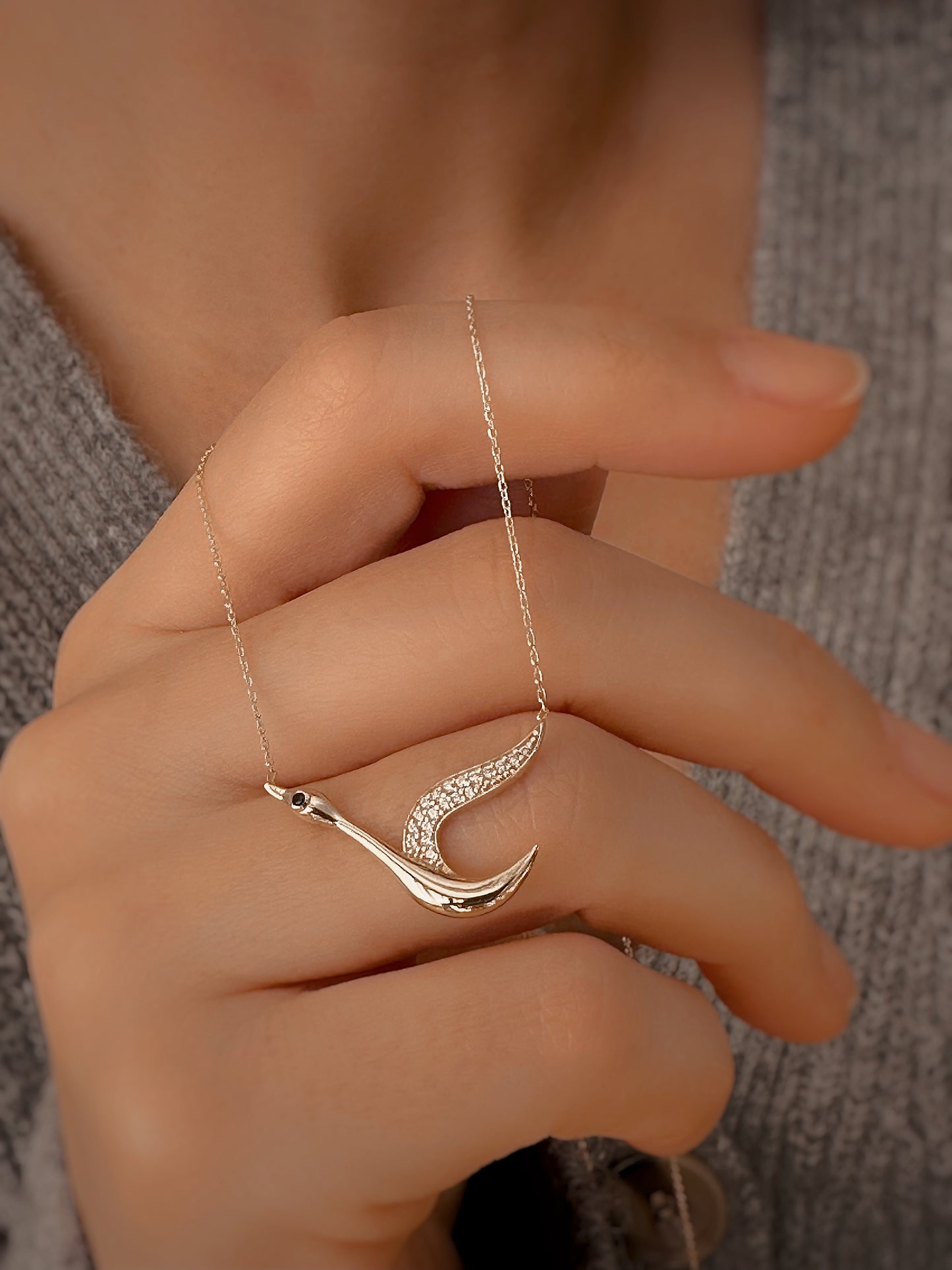 Crane Bird 14K Solid Gold Charm Necklace