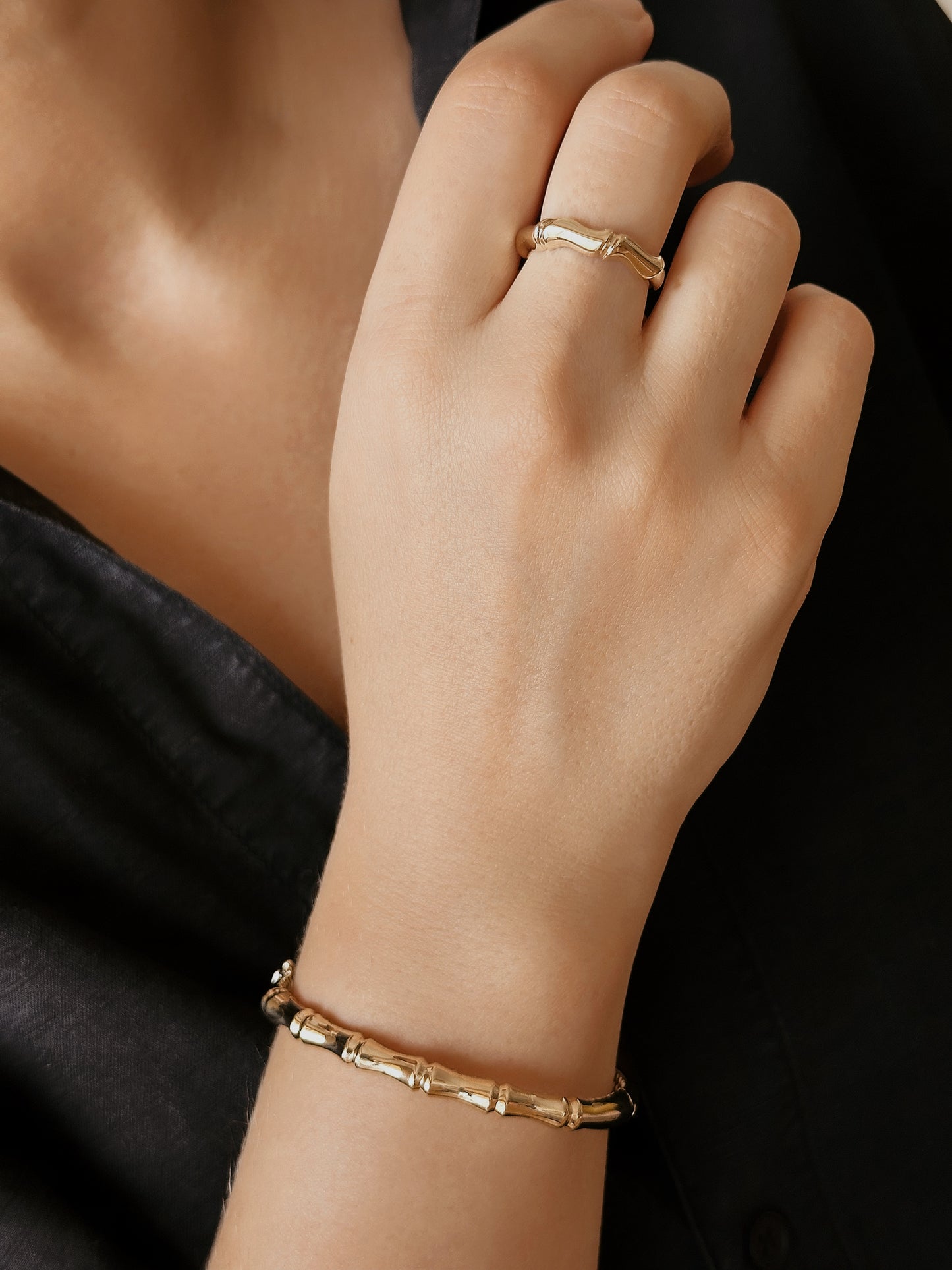 14K Solid Gold Cuff Bone Bangle Bracelet