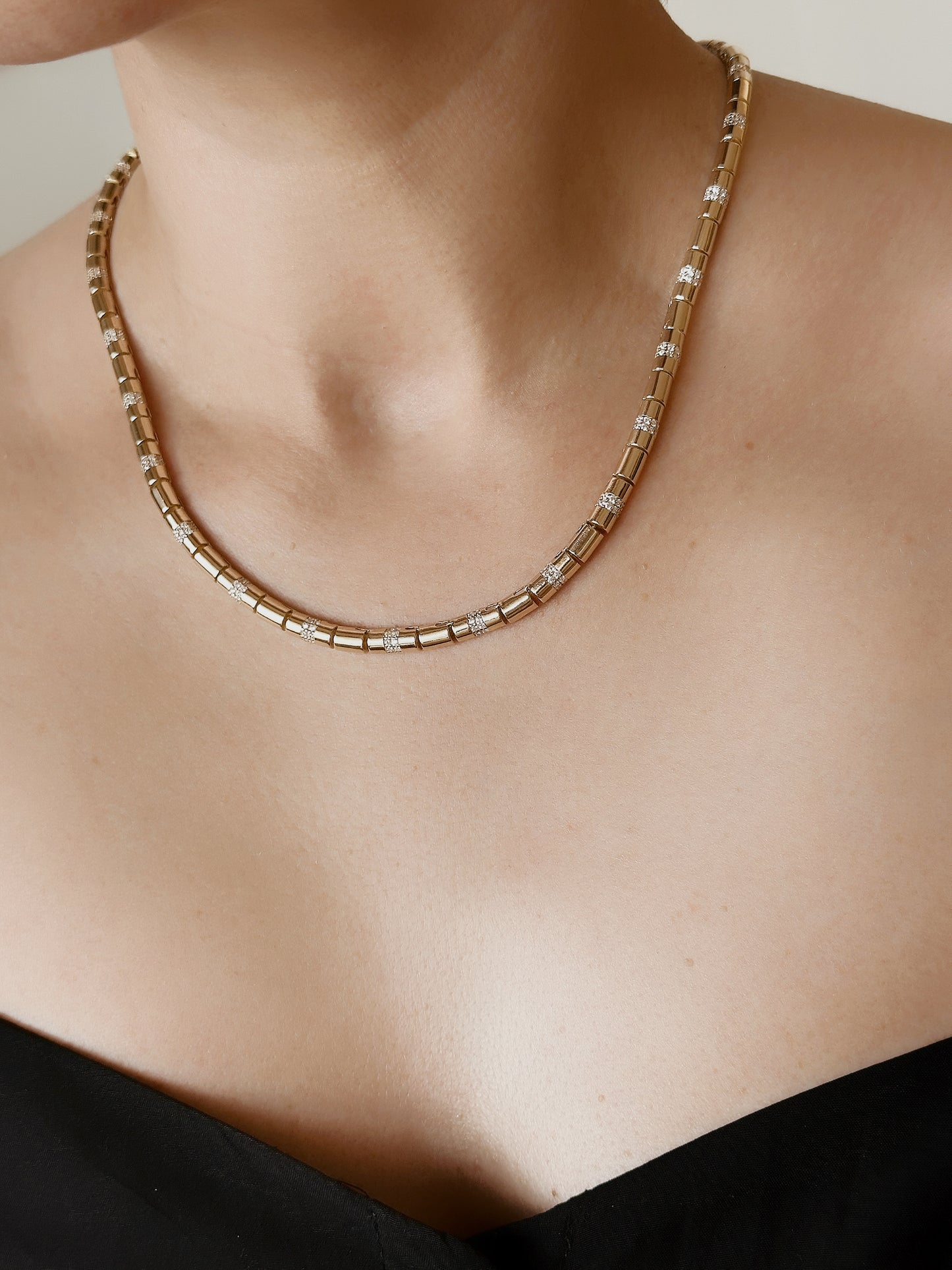 14K Solid Gold Pipe Bar Bead Chain Necklace