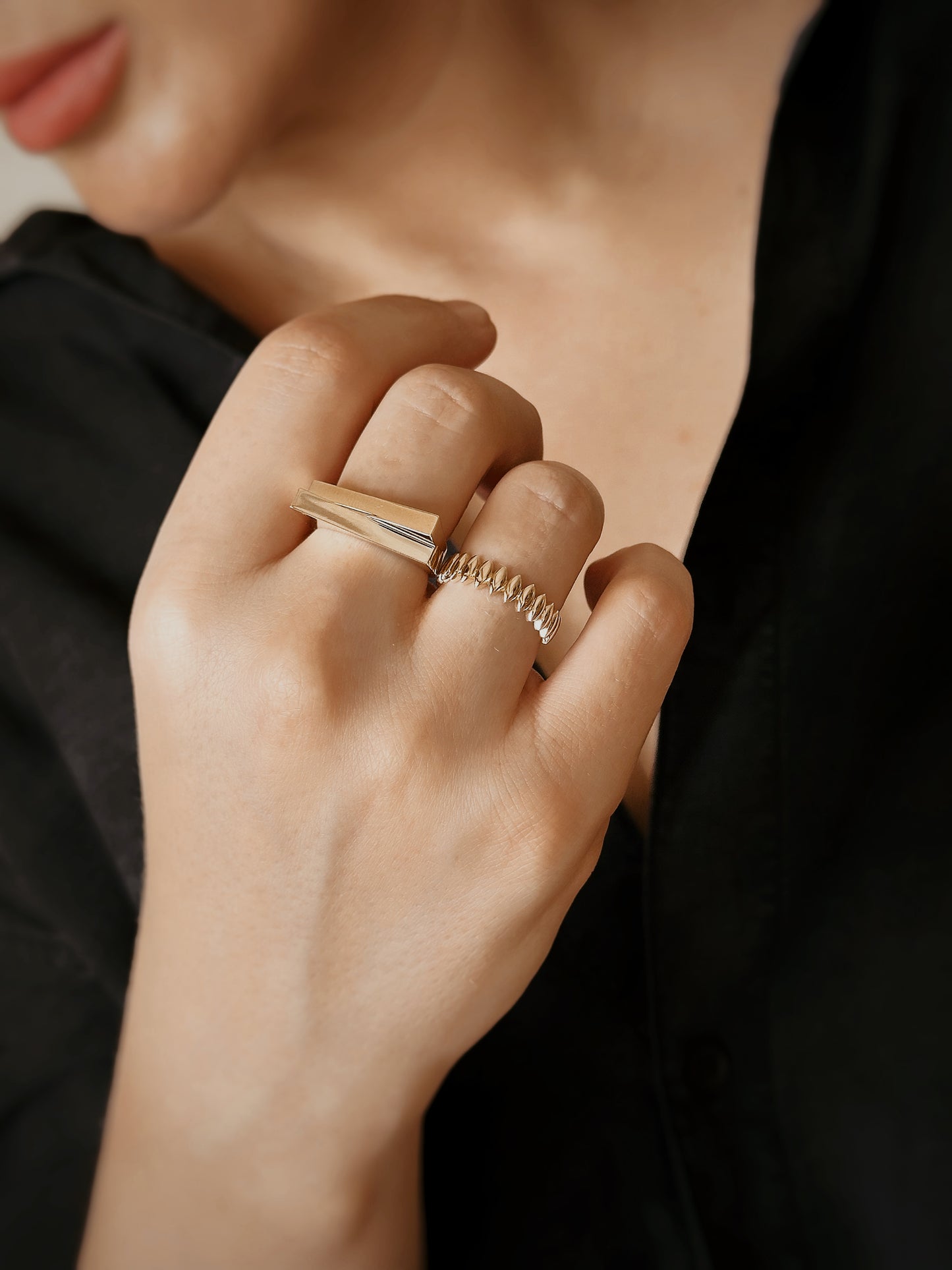 14K Solid Gold Croissant Model Geometric Ring