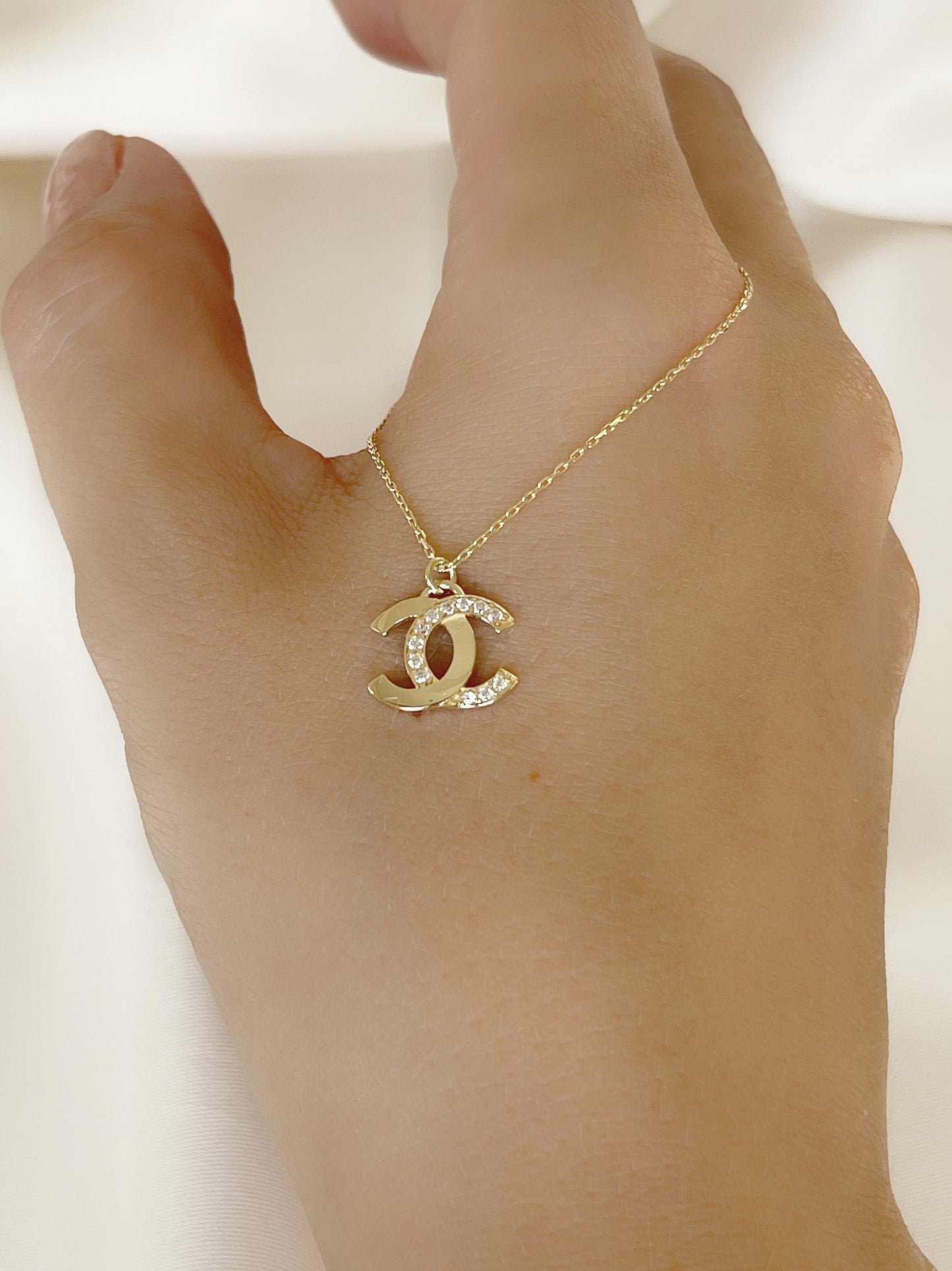 14k Solid Gold CC Necklace, Double C Necklace