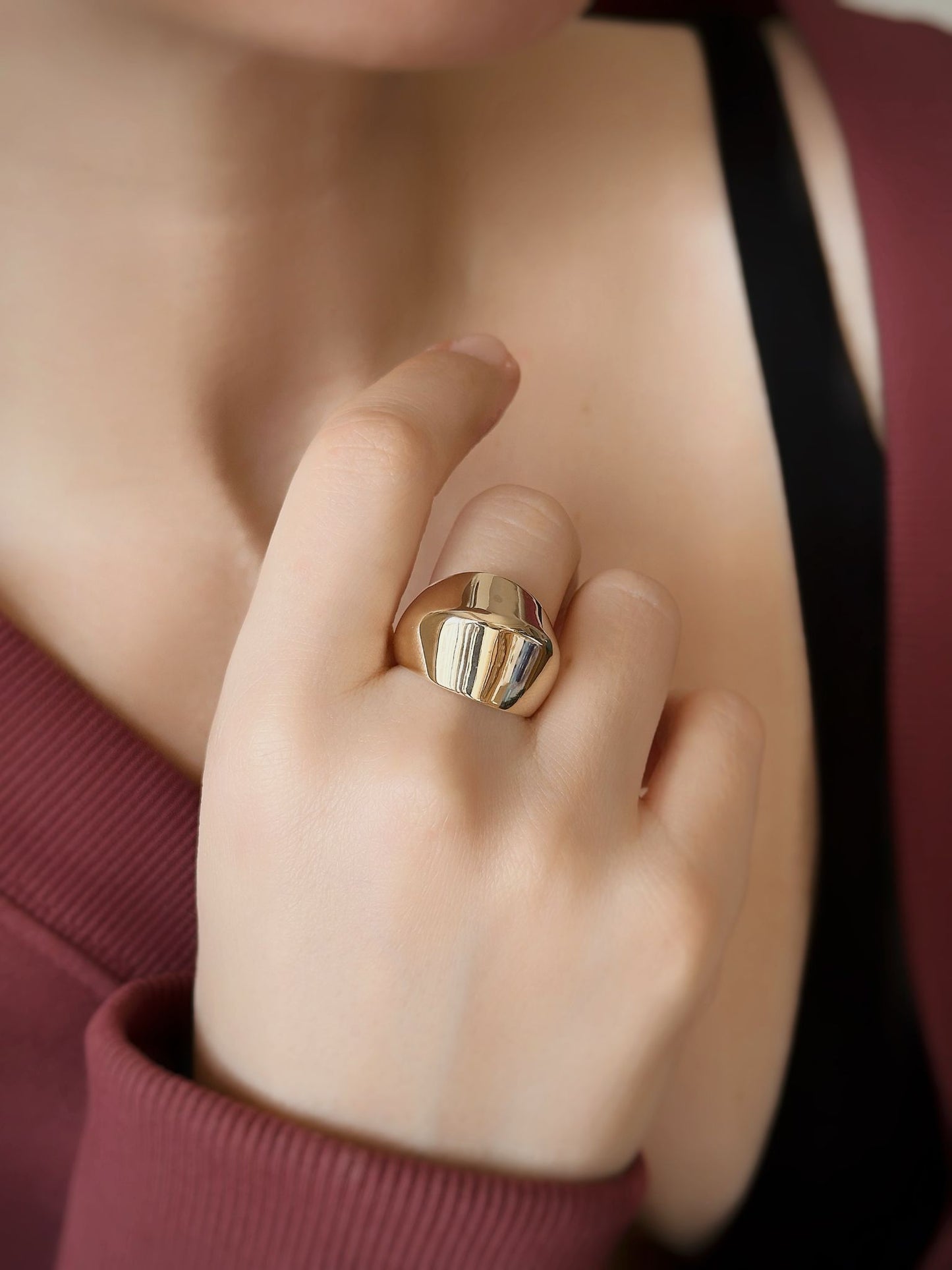 14 Carat Gold Geometric Domed Thick Asymmetrical Ring Layered Unisex Ring