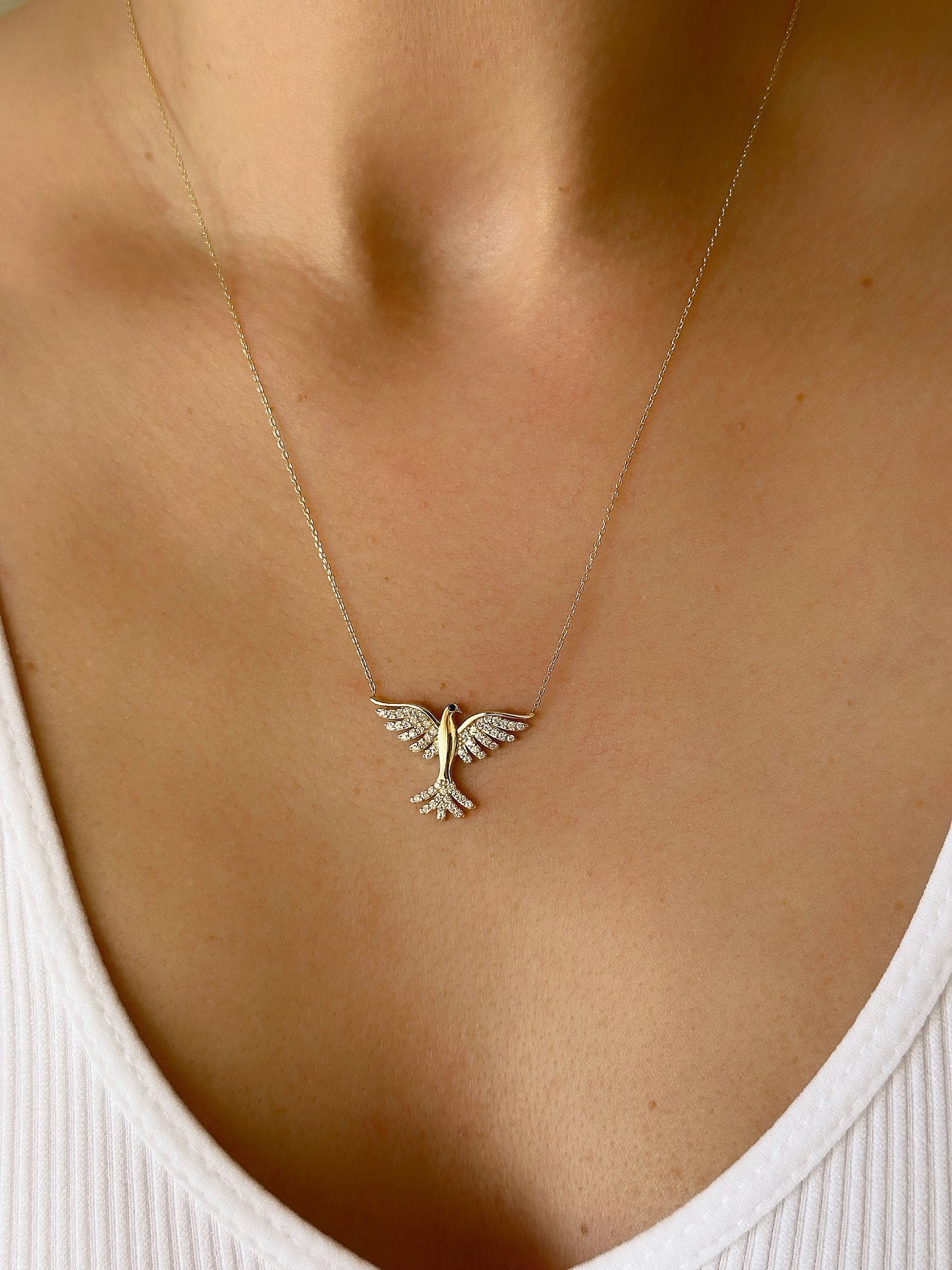 Dove Necklace, 14K Solid Bird Necklace , Gold Wing Bird Charm