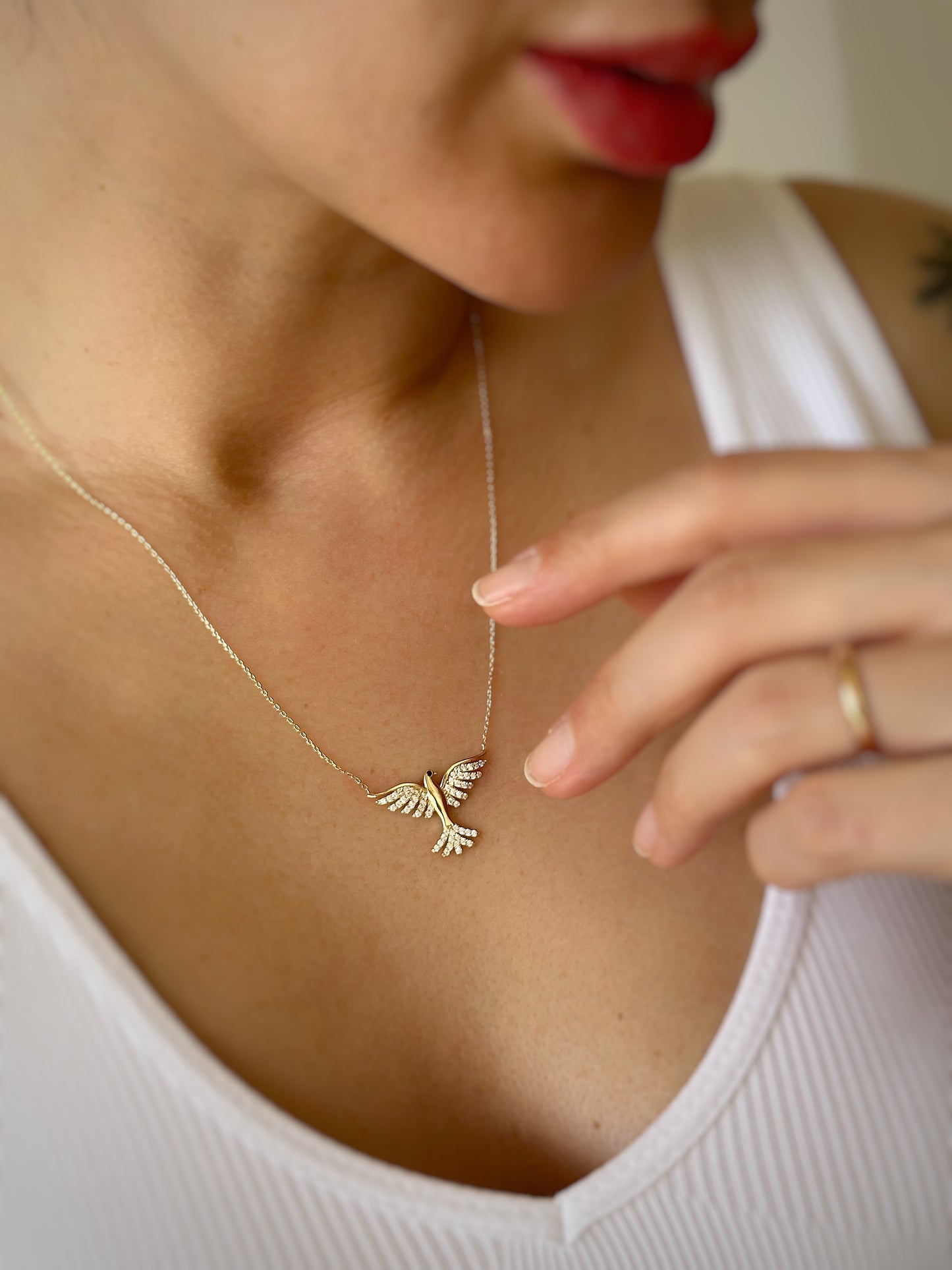 Dove Necklace, 14K Solid Bird Necklace , Gold Wing Bird Charm