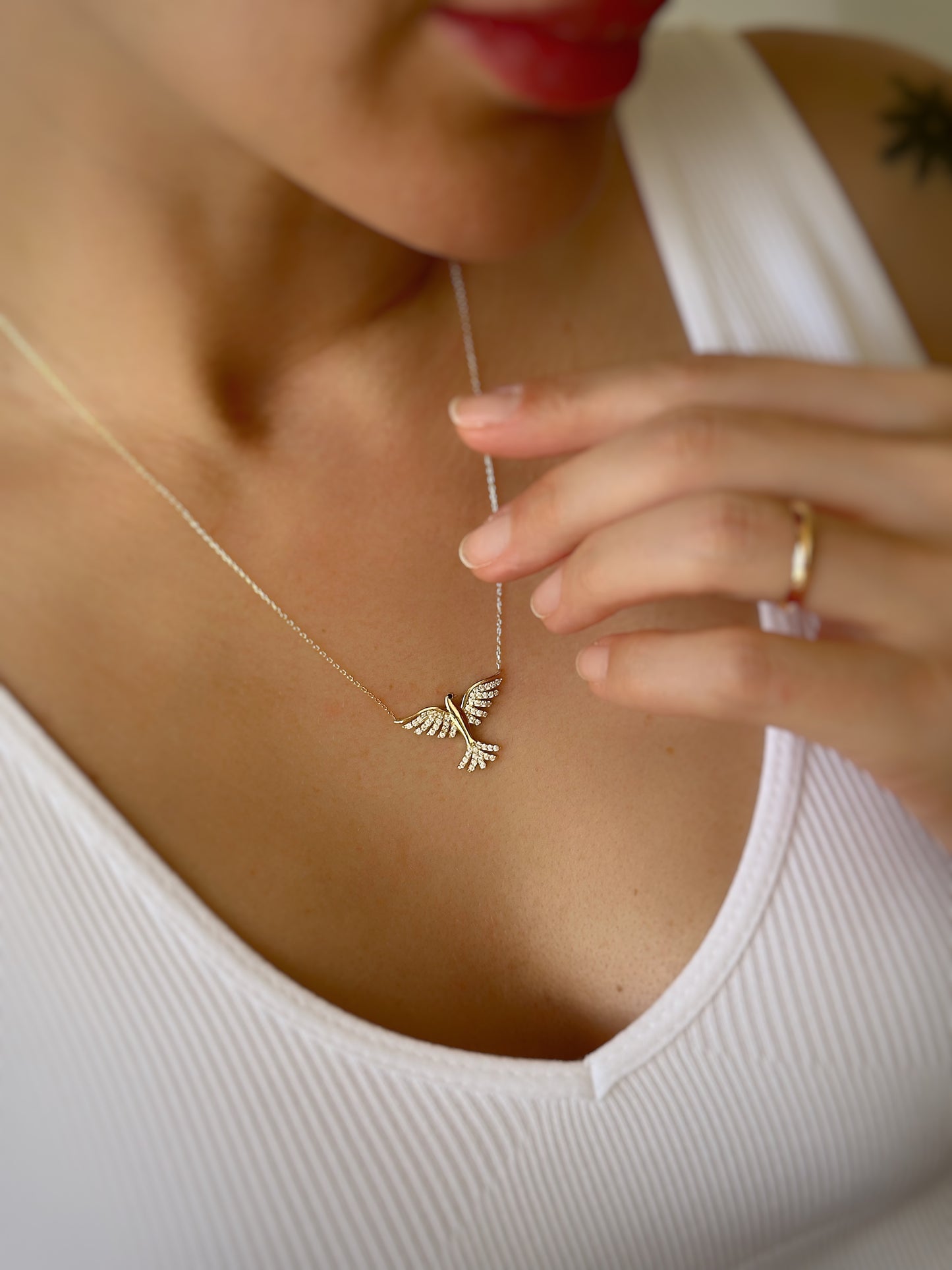 Dove Necklace, 14K Solid Bird Necklace , Gold Wing Bird Charm