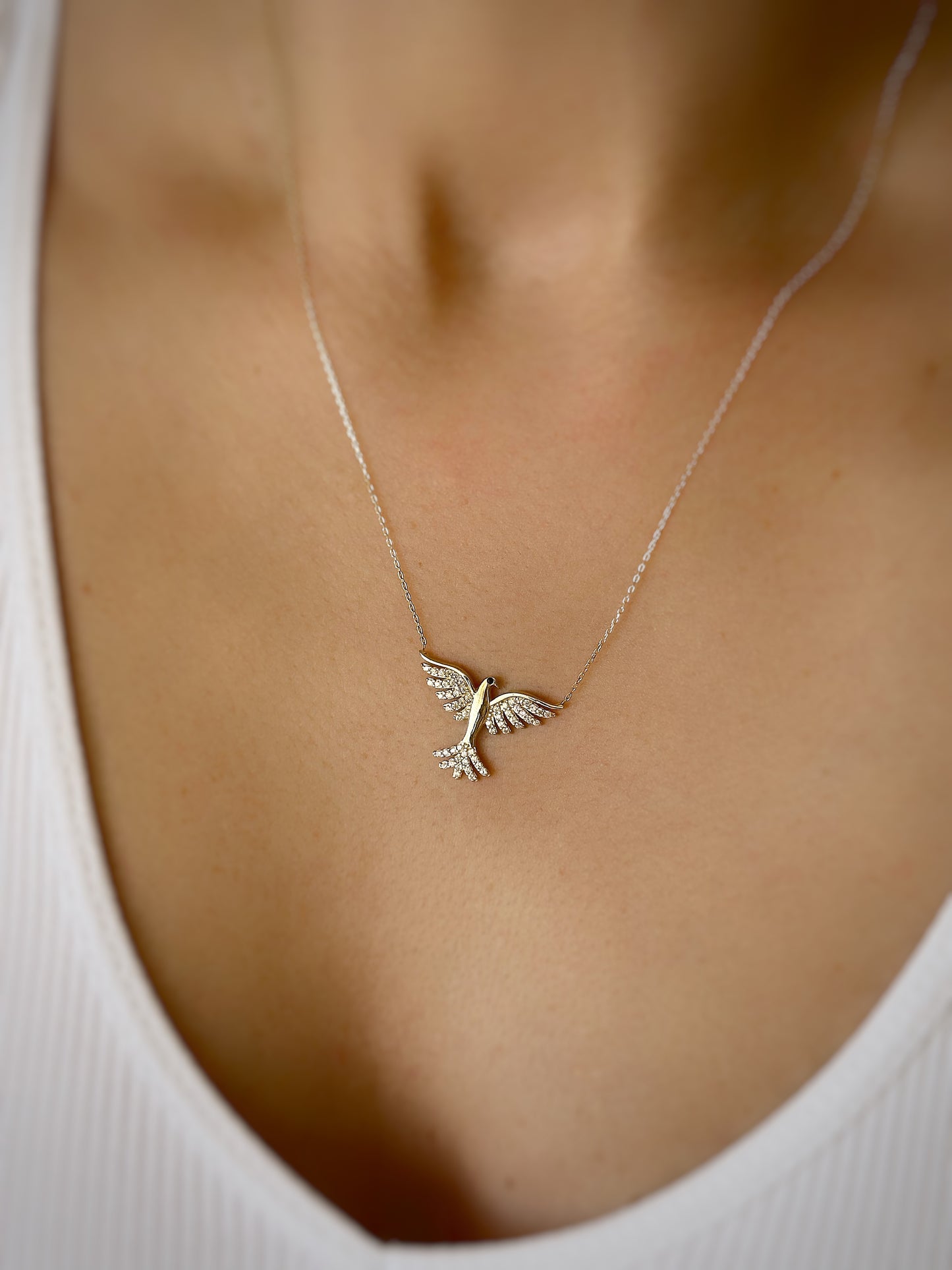 Dove Necklace, 14K Solid Bird Necklace , Gold Wing Bird Charm