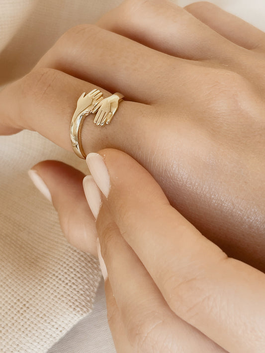 14k Gold Hands Rings, Love Hugging Hand Stackable Ring