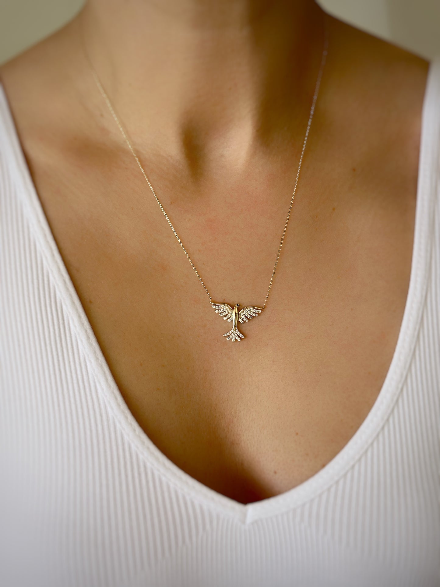 Dove Necklace, 14K Solid Bird Necklace , Gold Wing Bird Charm