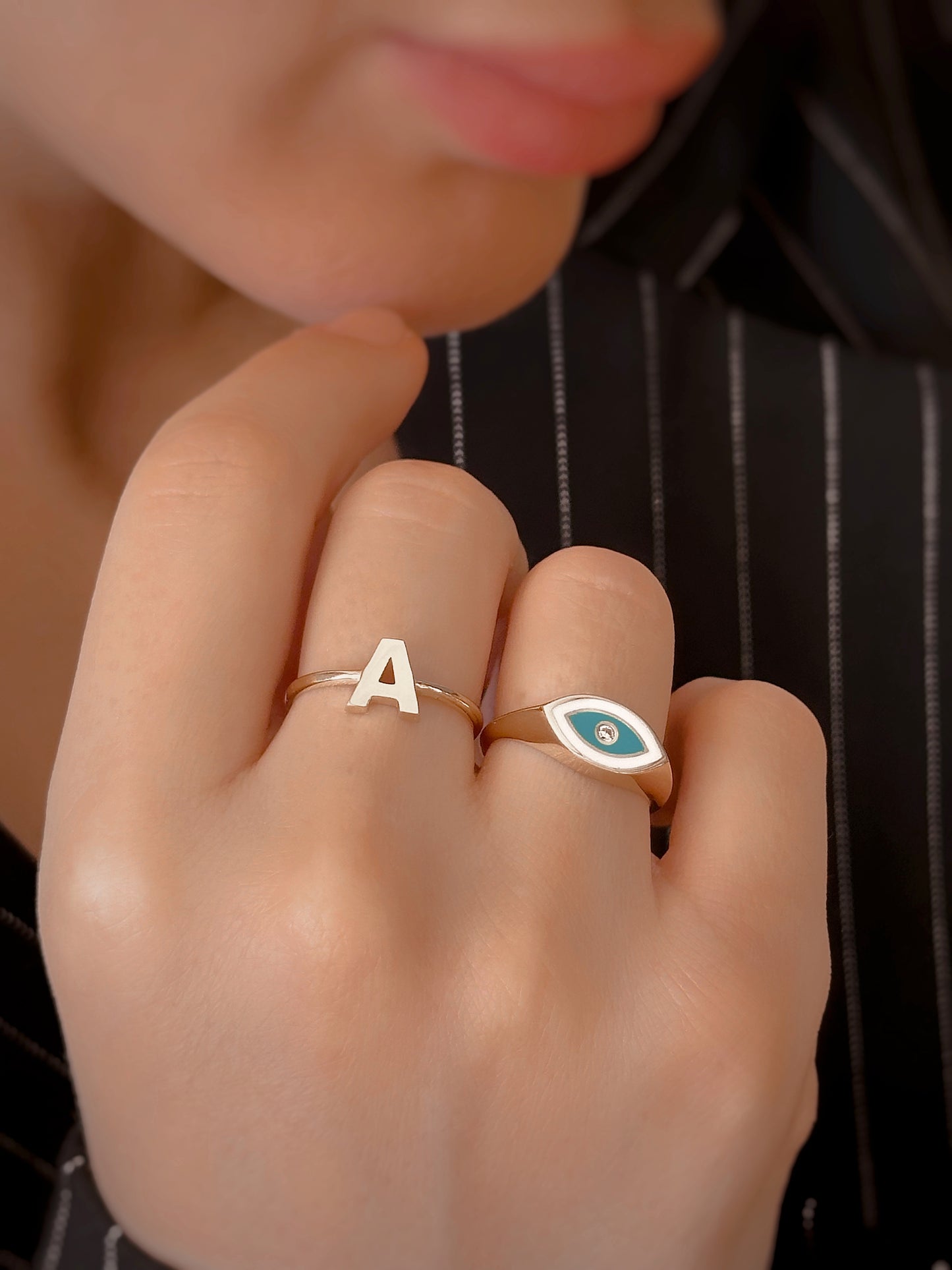 14k Solid Gold Letter Ring Or Lucky Eye Ring