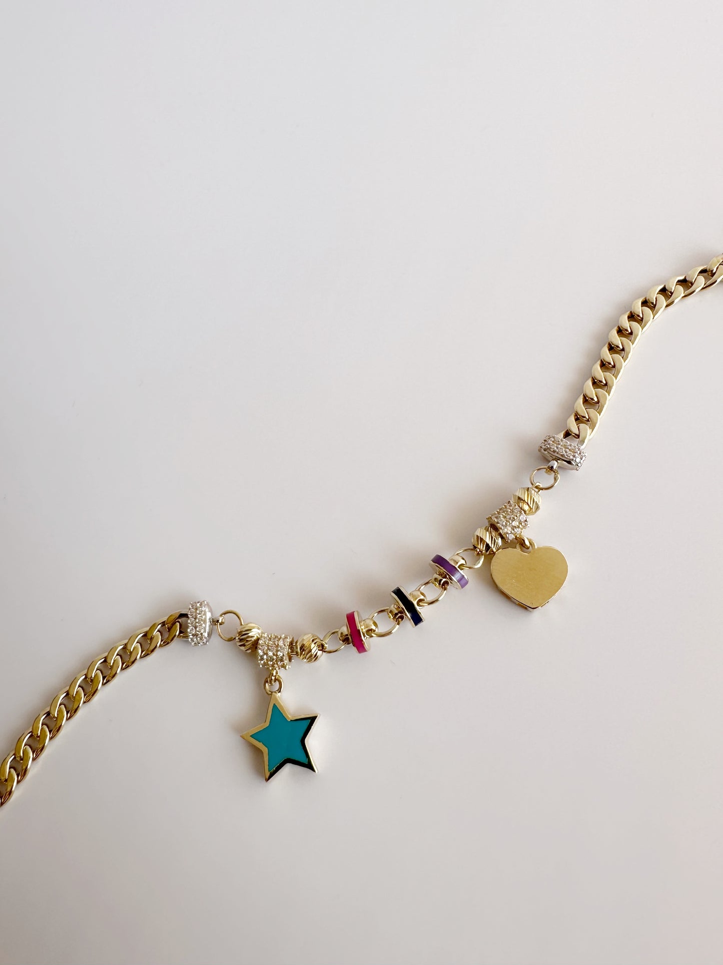 14k Solid Gold Multicolor Charm Chain Bracelet