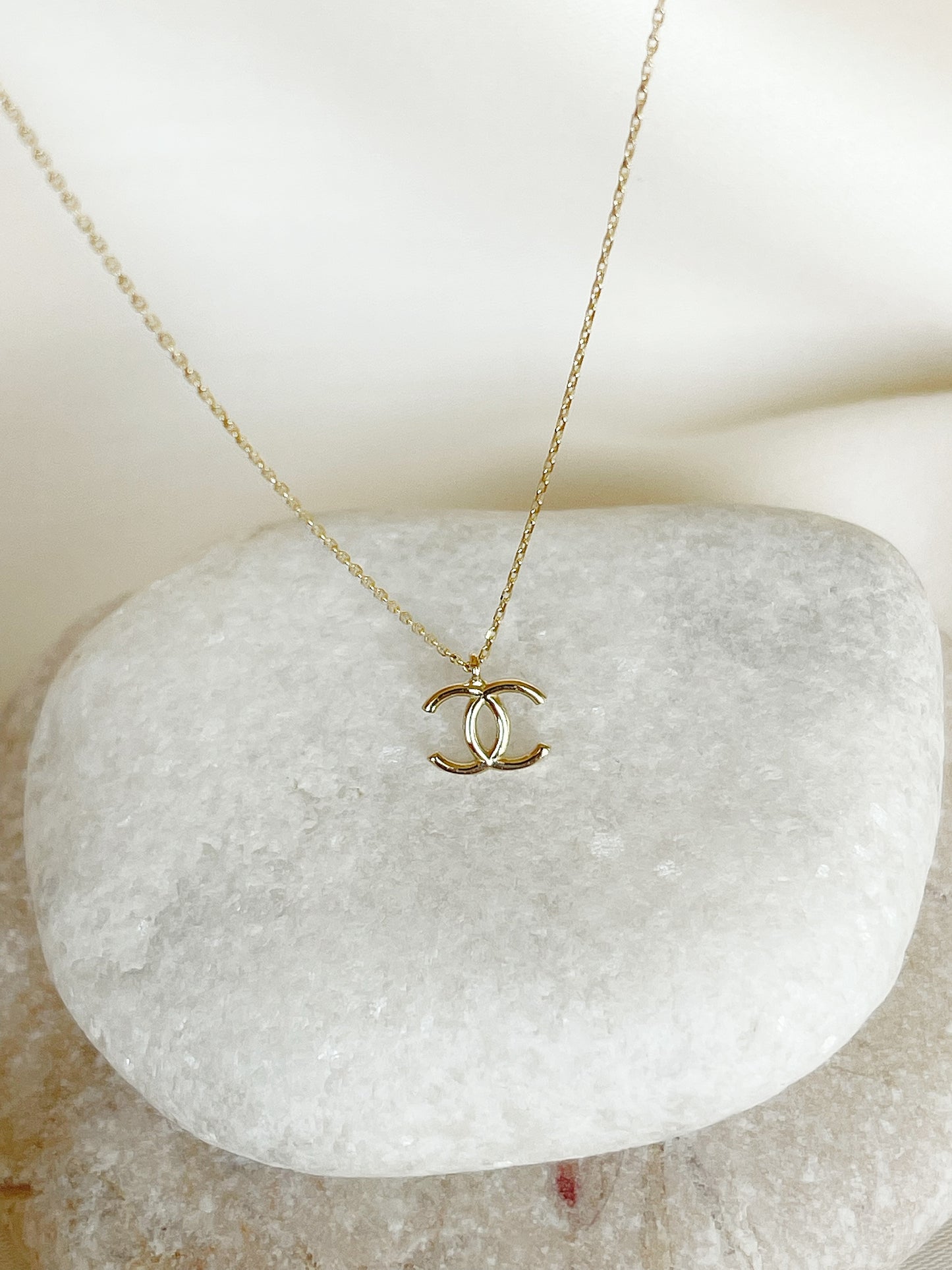 14K Solid Gold CC Necklace , Real Gold Double C