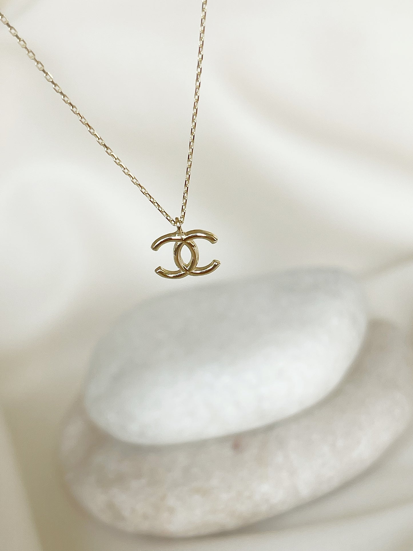 14K Solid Gold CC Necklace , Real Gold Double C