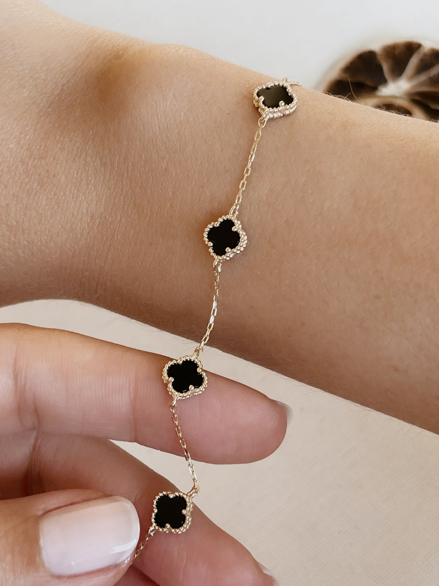 Solid Gold Black Four Leaf Clover Bracelet