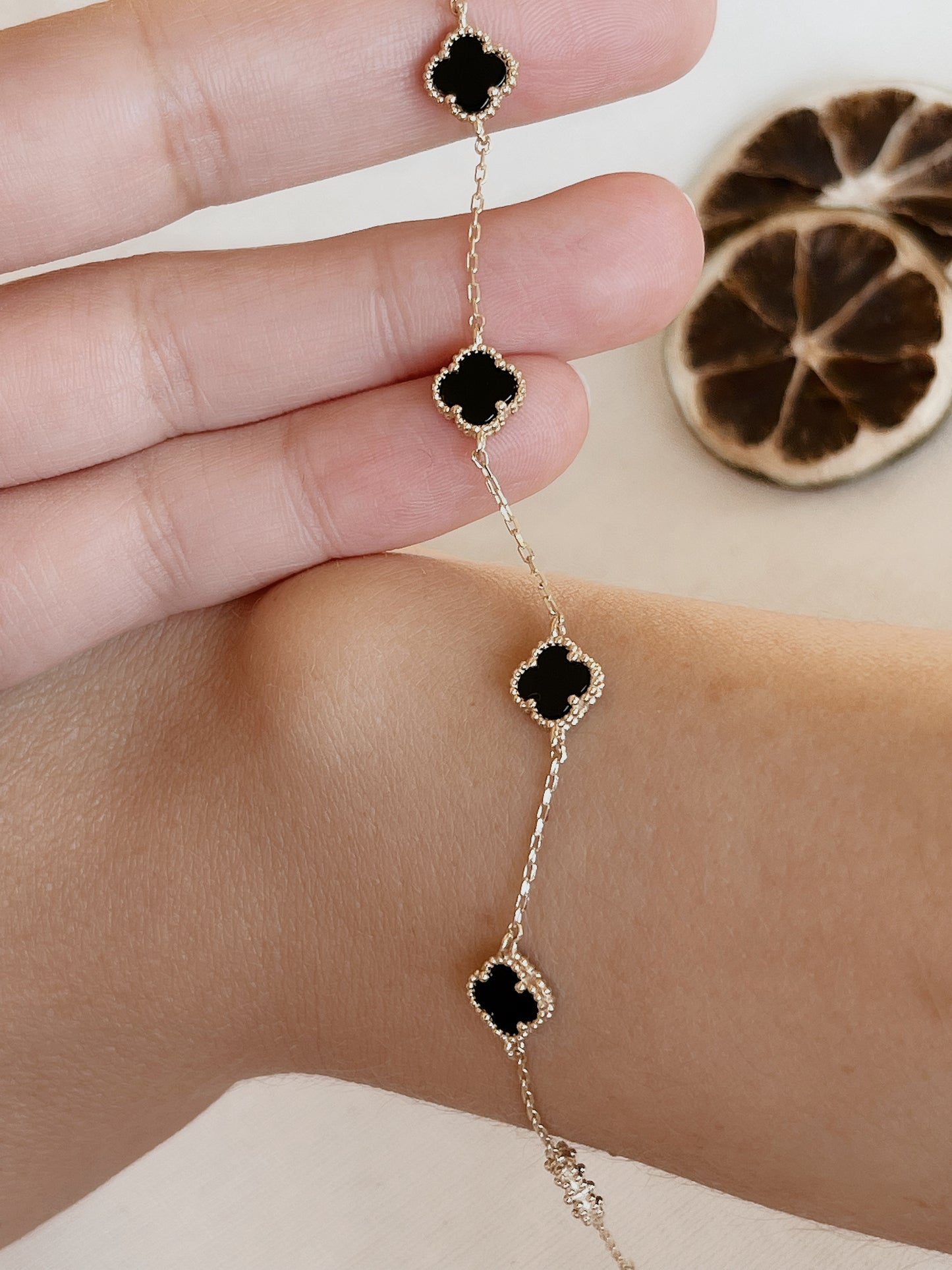 Solid Gold Black Four Leaf Clover Bracelet