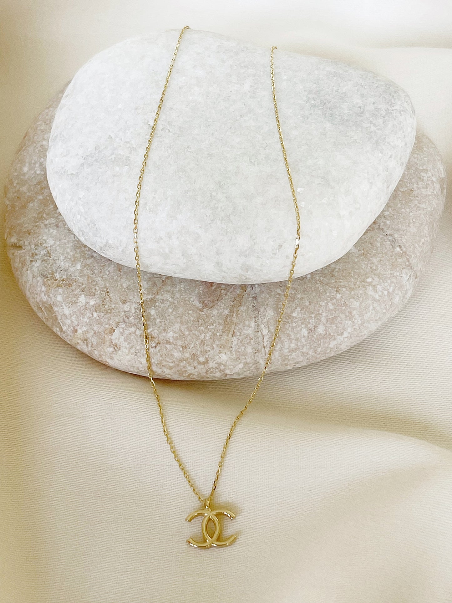 14k Solid Gold CC Necklace, Double C Necklace