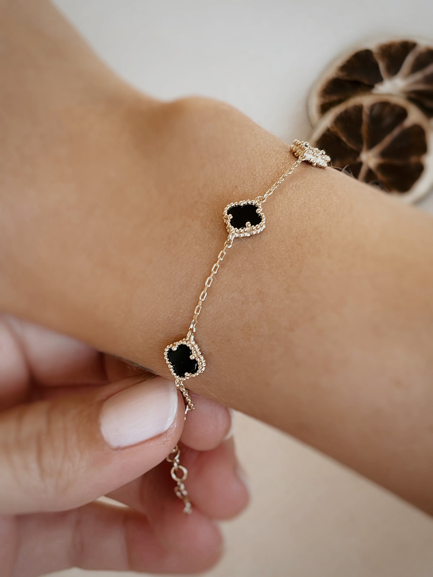 Solid Gold Black Four Leaf Clover Bracelet