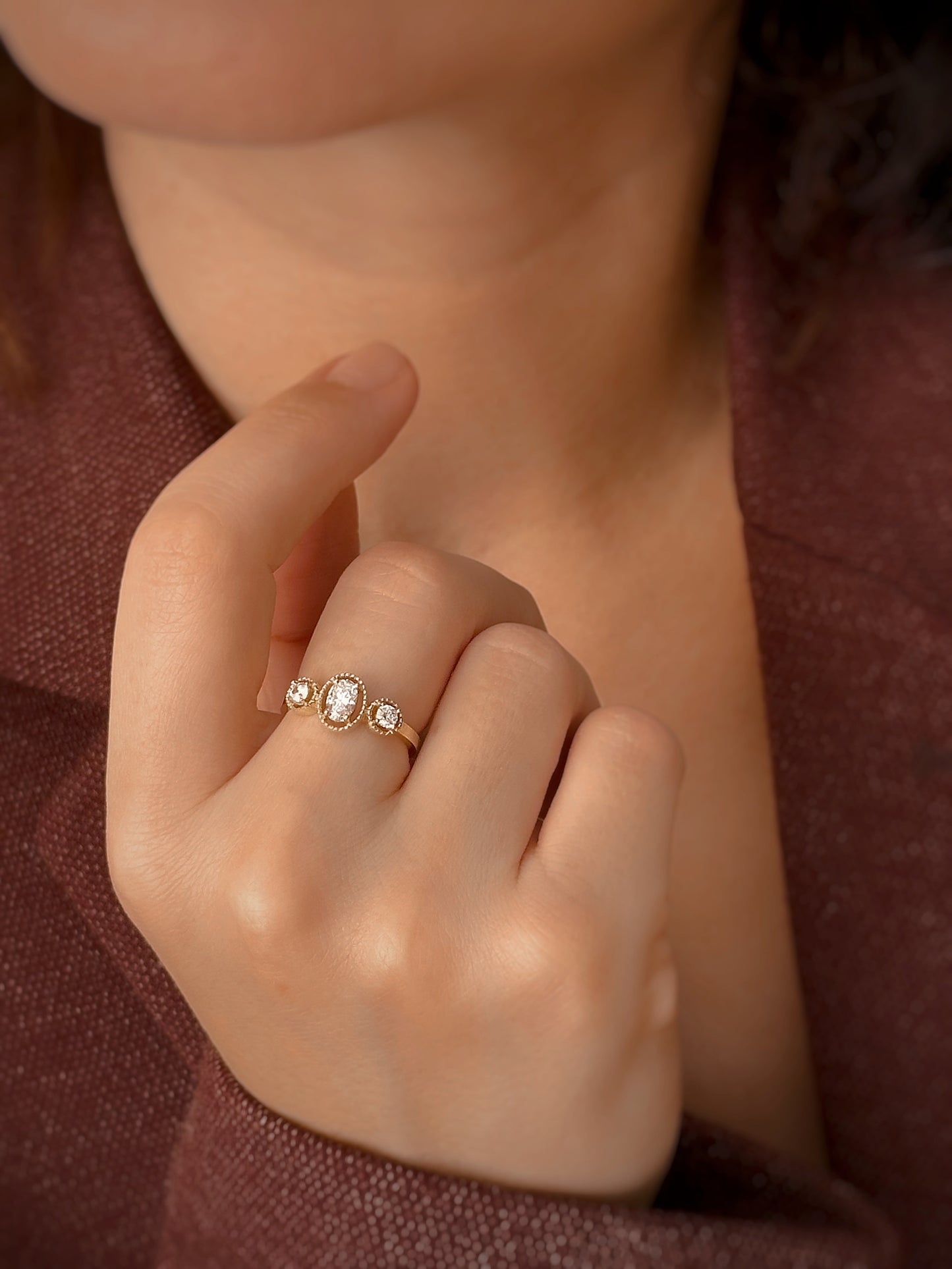 14K Solid Gold Triple Oval Stone Ring