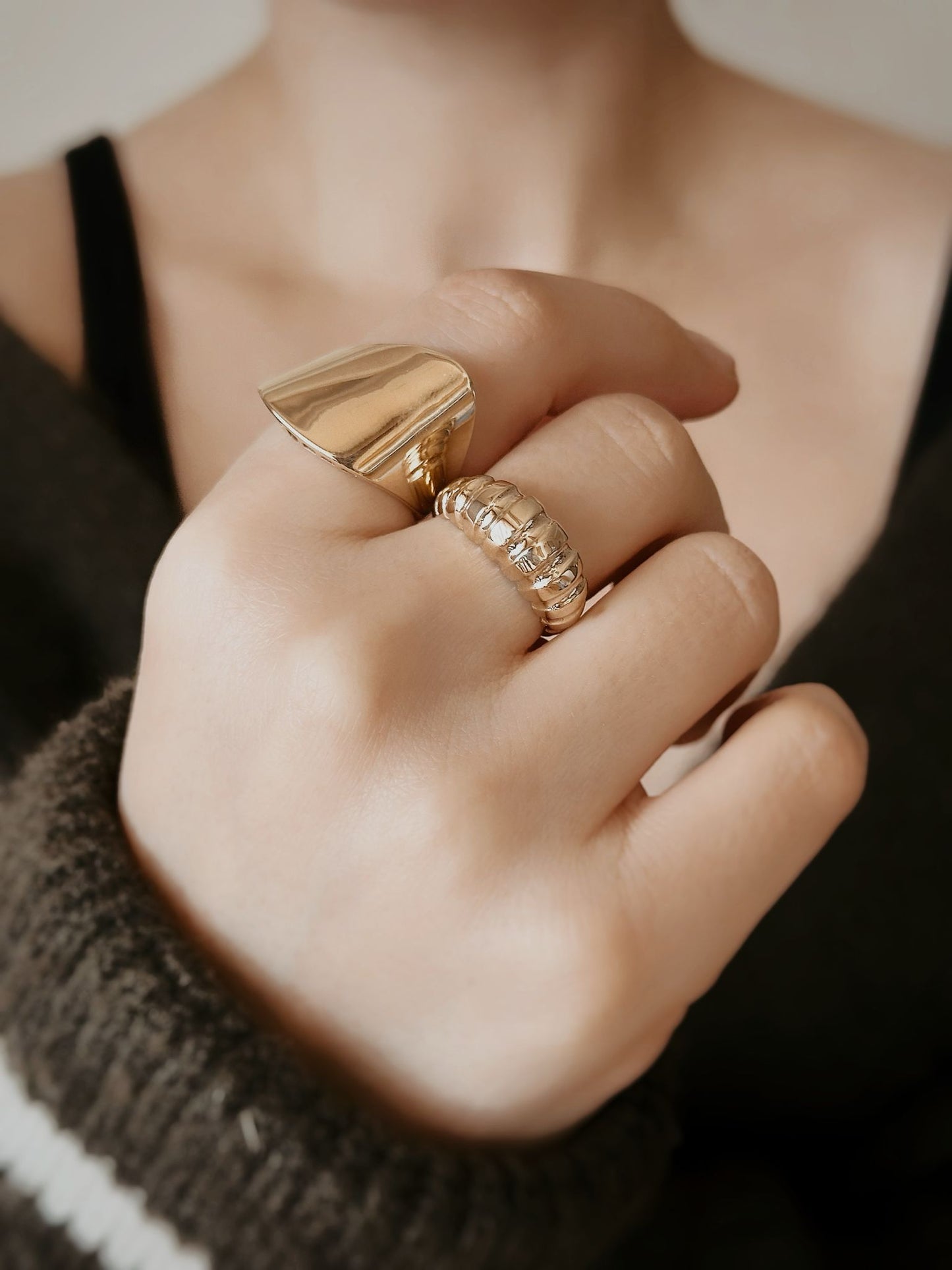 14K Solid Gold Croissant Model Geometric Ring