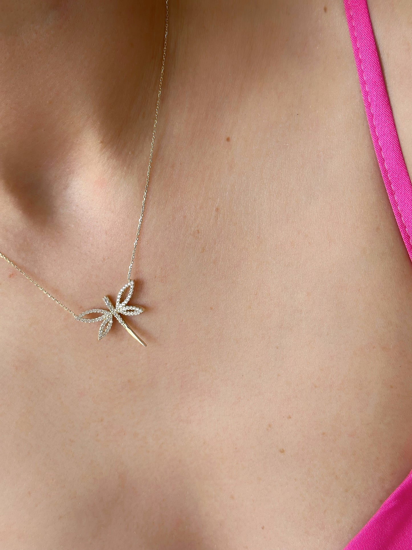 Dragonfly Necklace, 14k Solid Gold Animal Necklace