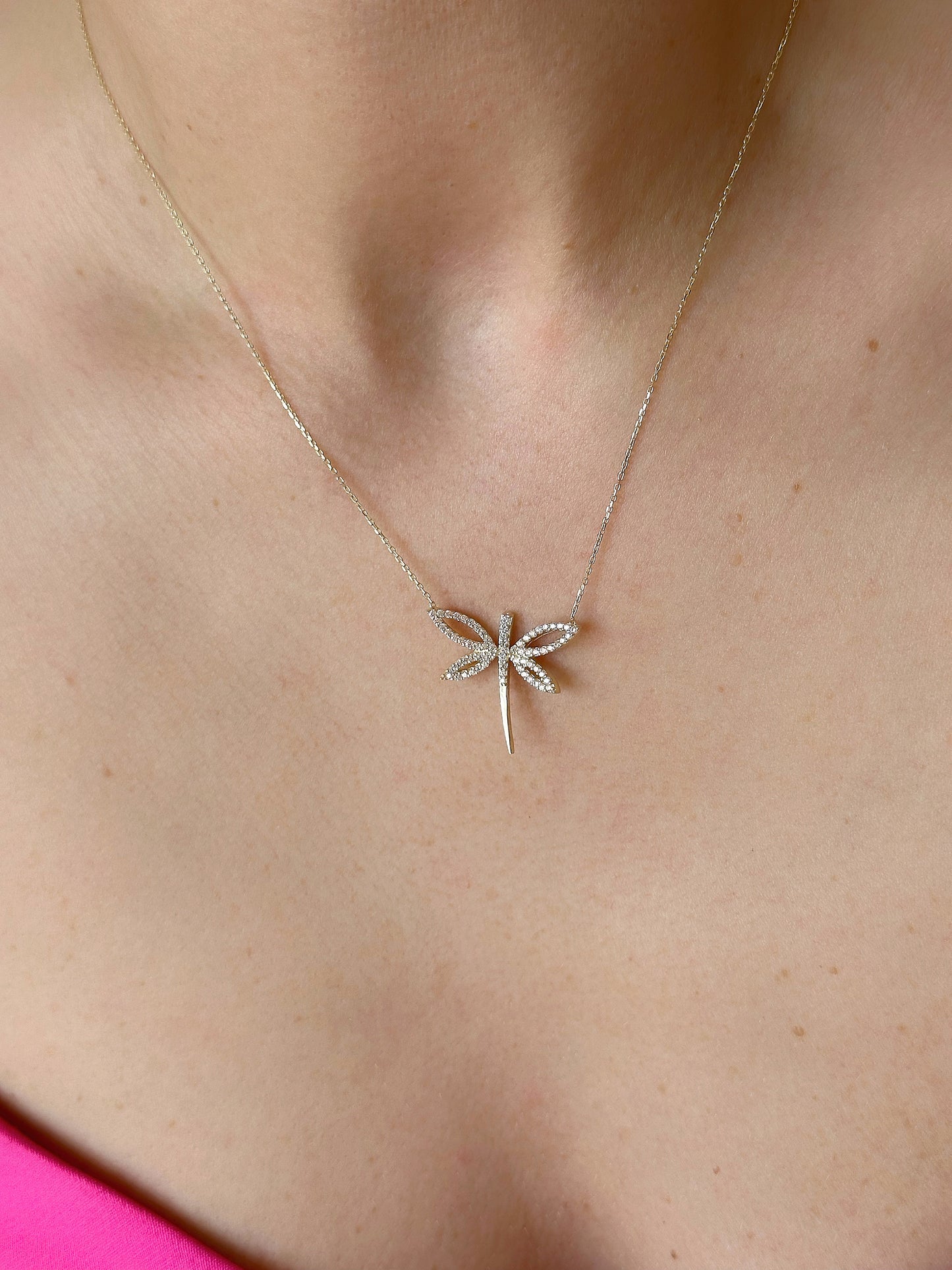 Dragonfly Necklace, 14k Solid Gold Animal Necklace