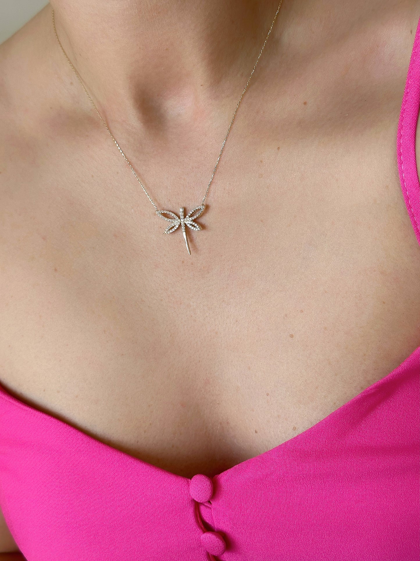 Dragonfly Necklace, 14k Solid Gold Animal Necklace