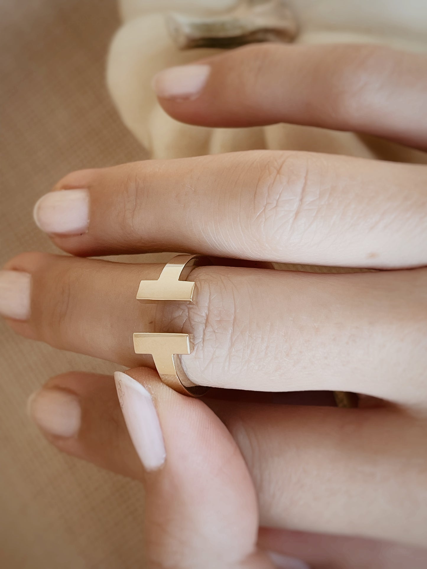 14k Double Bar Ring, Solid Gold Open Front T Ring