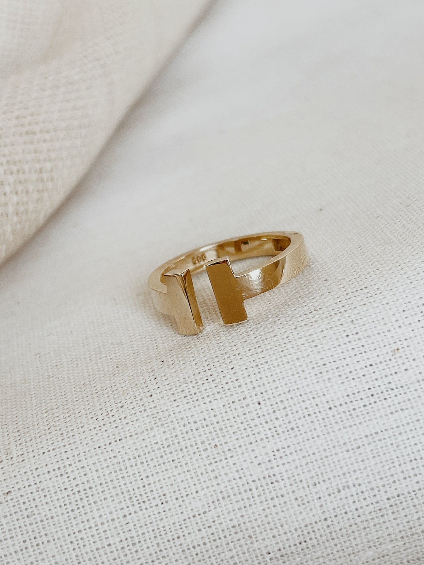 14k Double Bar Ring, Solid Gold Open Front T Ring