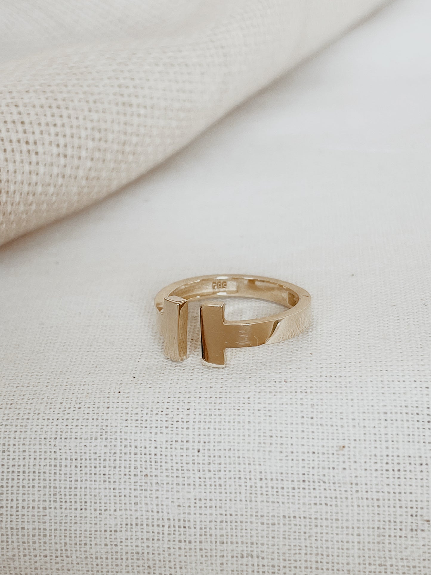 14k Double Bar Ring, Solid Gold Open Front T Ring