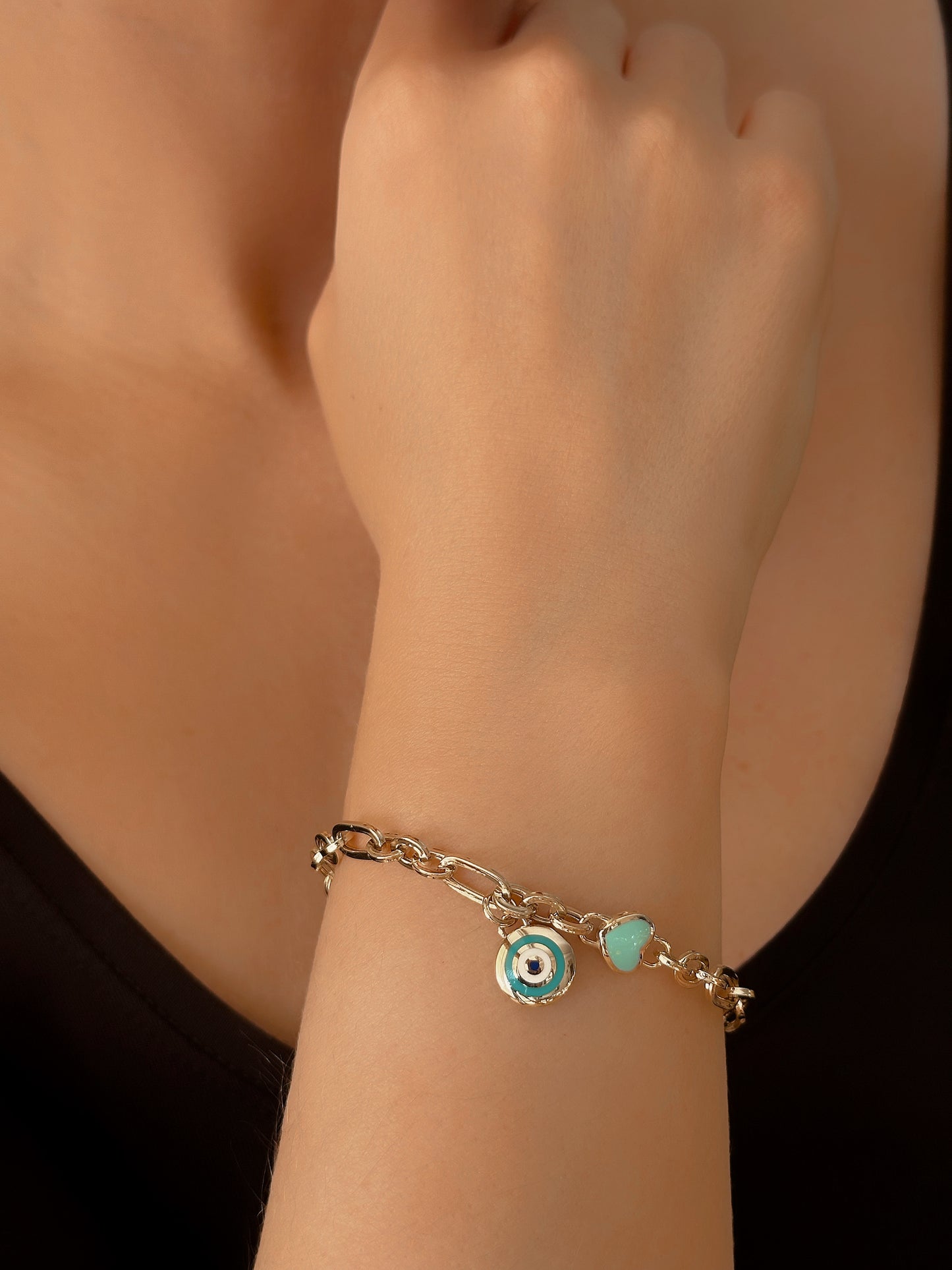 14k Solid Gold Turquoise Lock and Blue Heart Chain Bracelet