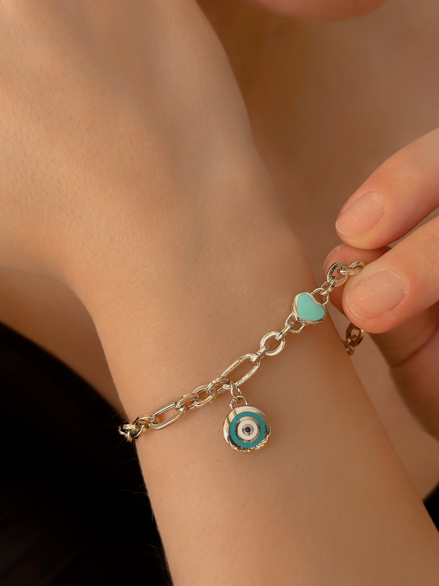 14k Solid Gold Turquoise Lock and Blue Heart Chain Bracelet