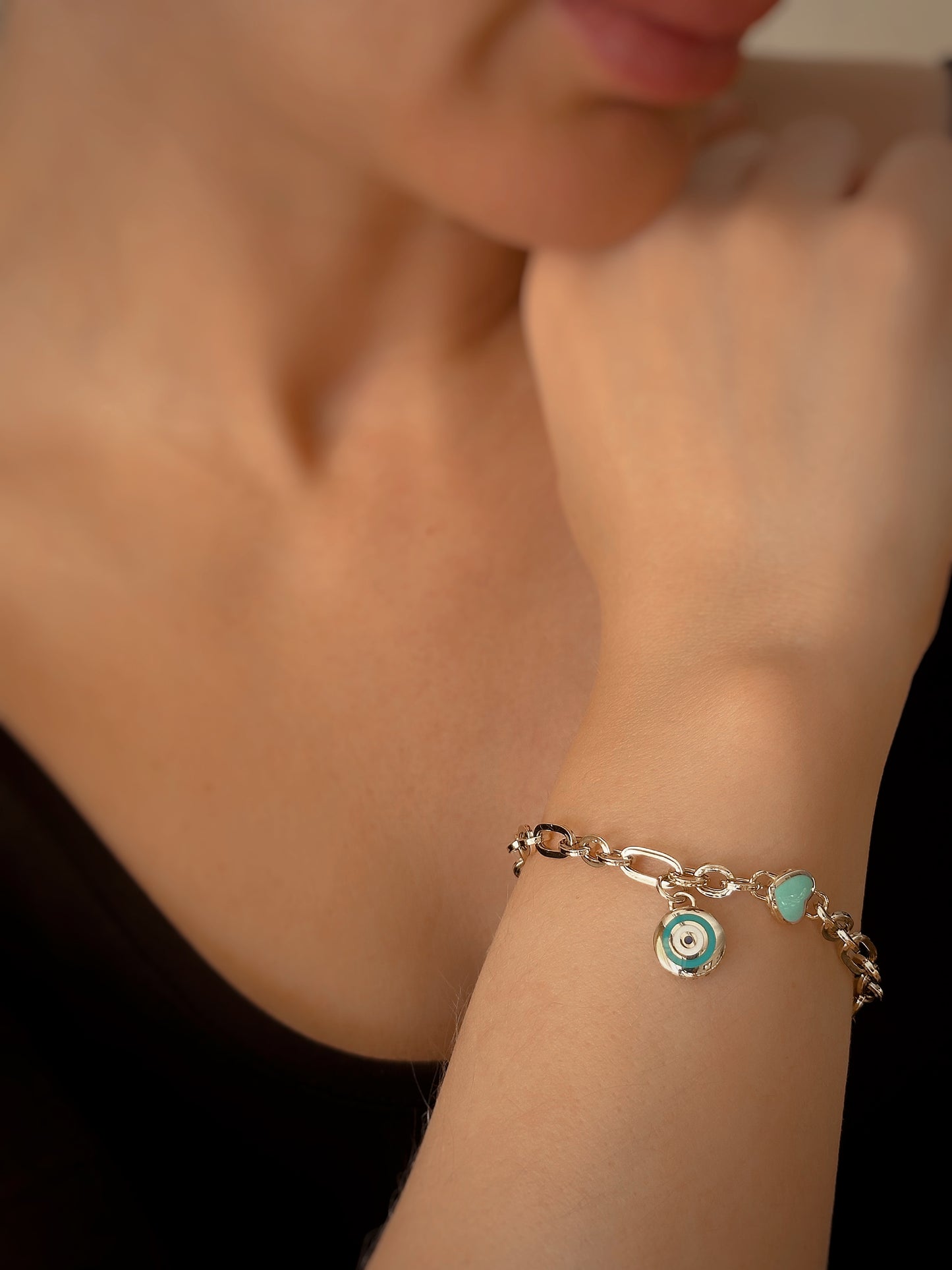 14k Solid Gold Turquoise Lock and Blue Heart Chain Bracelet