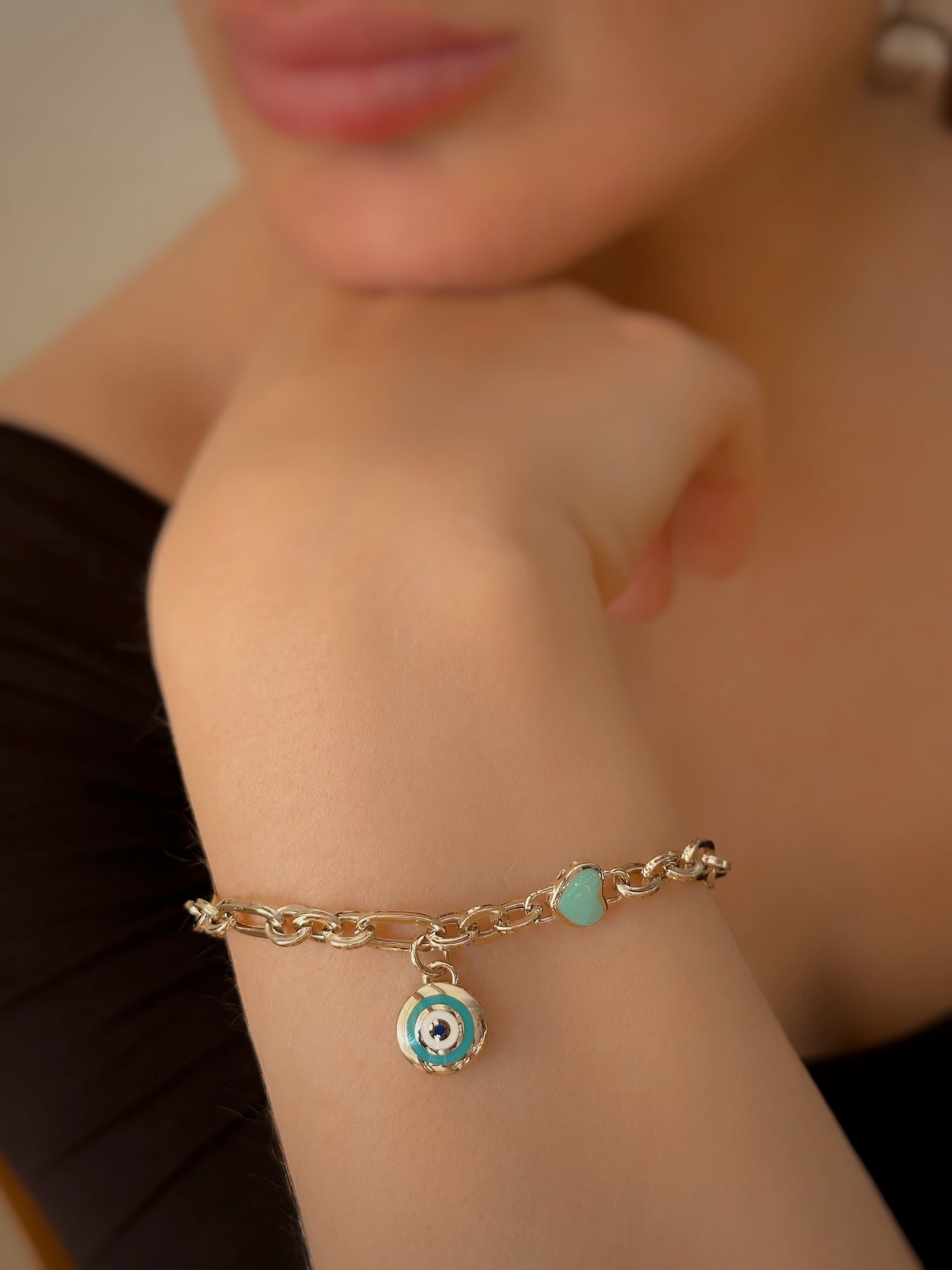 14k Solid Gold Turquoise Lock and Blue Heart Chain Bracelet