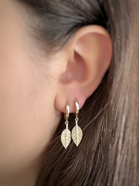 14K Solid Gold Hoop Leaf Earring