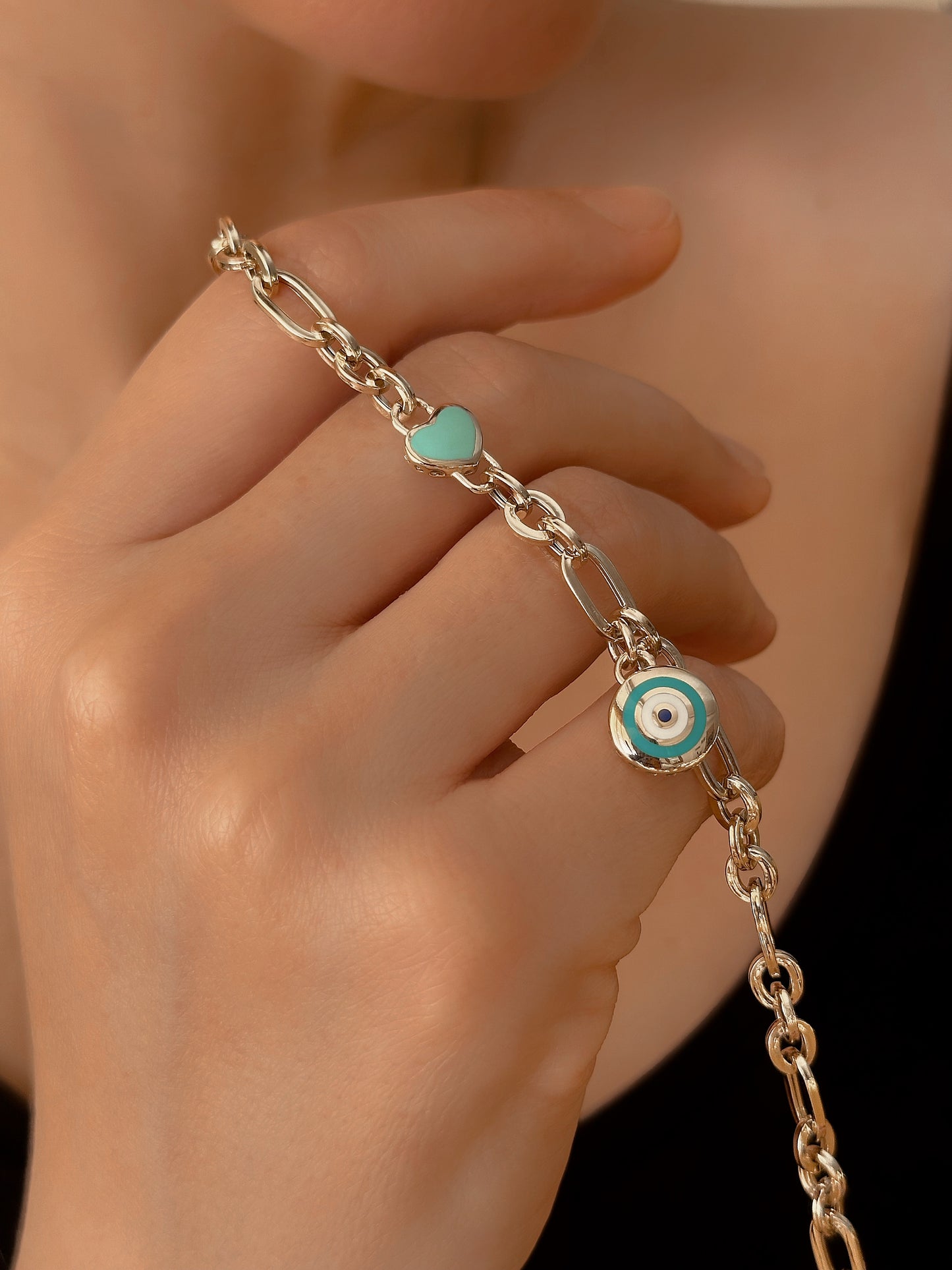 14k Solid Gold Turquoise Lock and Blue Heart Chain Bracelet