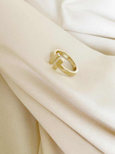 14k Double Bar Ring, Solid Gold Open Front T Ring