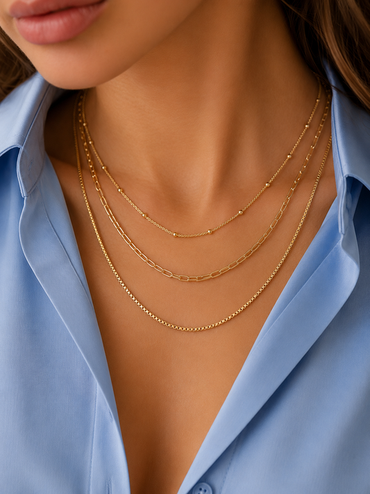 14K Gold Layered Necklace Set – Paperclip, Satellite &amp; Box Chain Trio