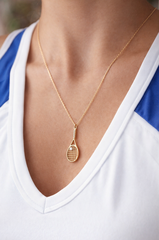 14K Solid Gold Tennis Racket Necklace