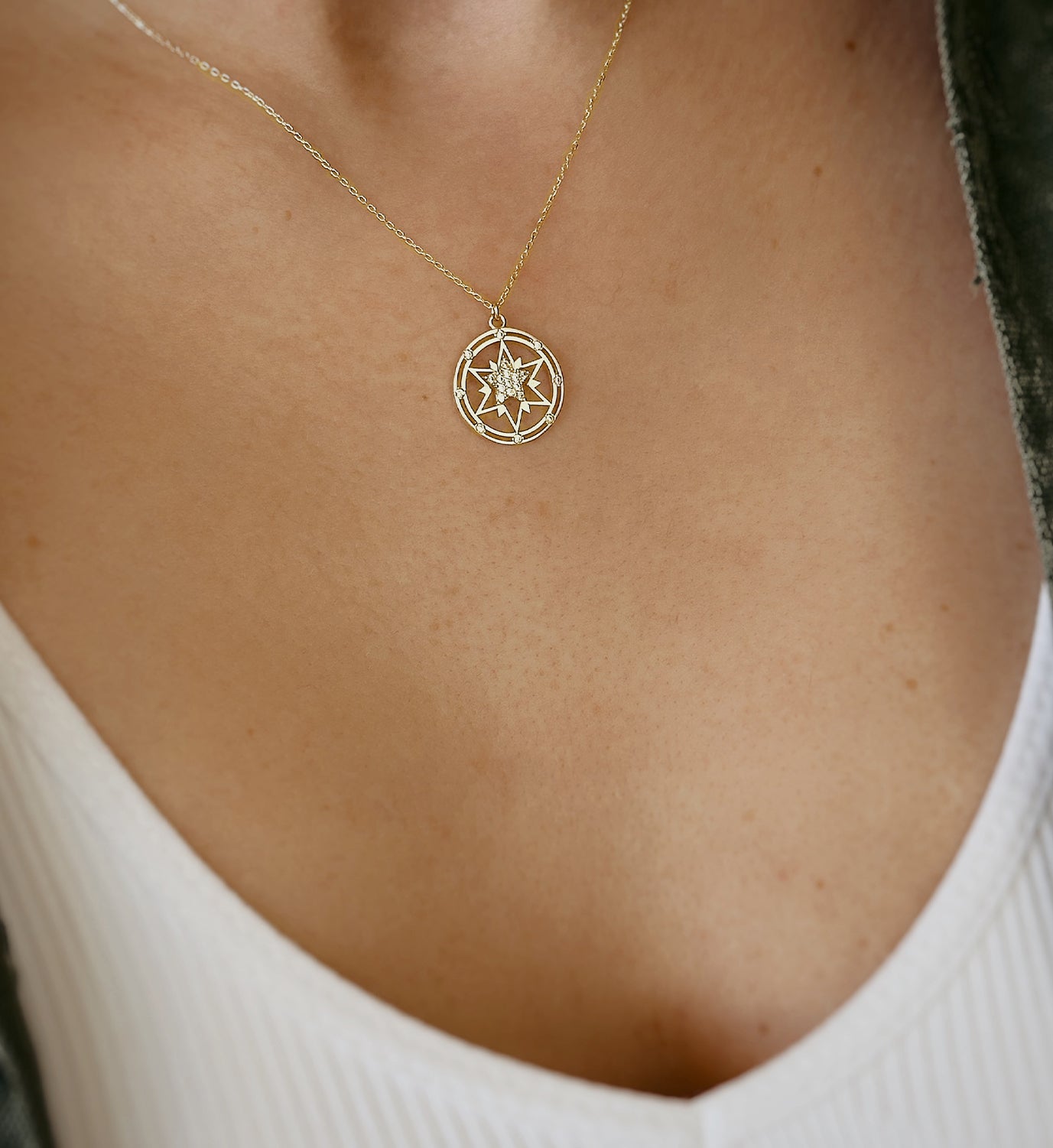 14K Celestial Star Necklace, Solid Gold Necklace