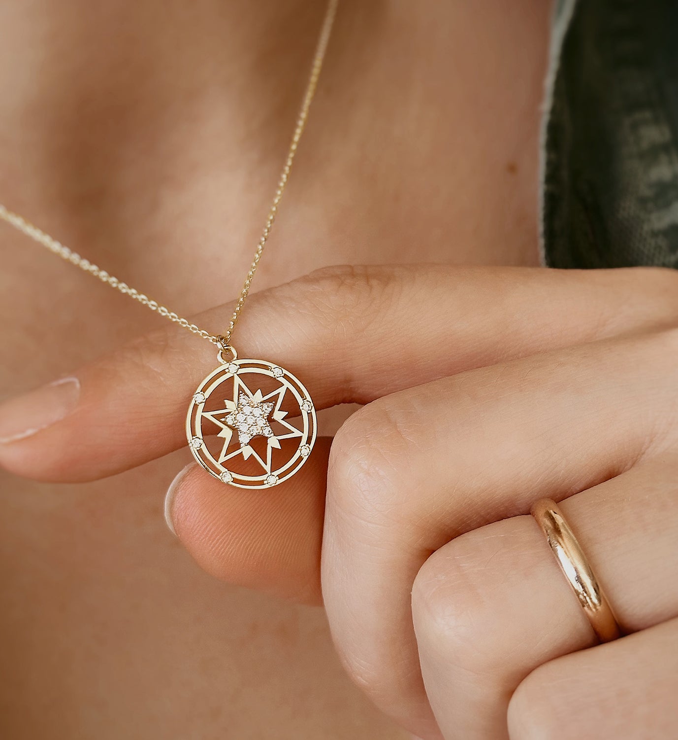 14K Celestial Star Necklace, Solid Gold Necklace