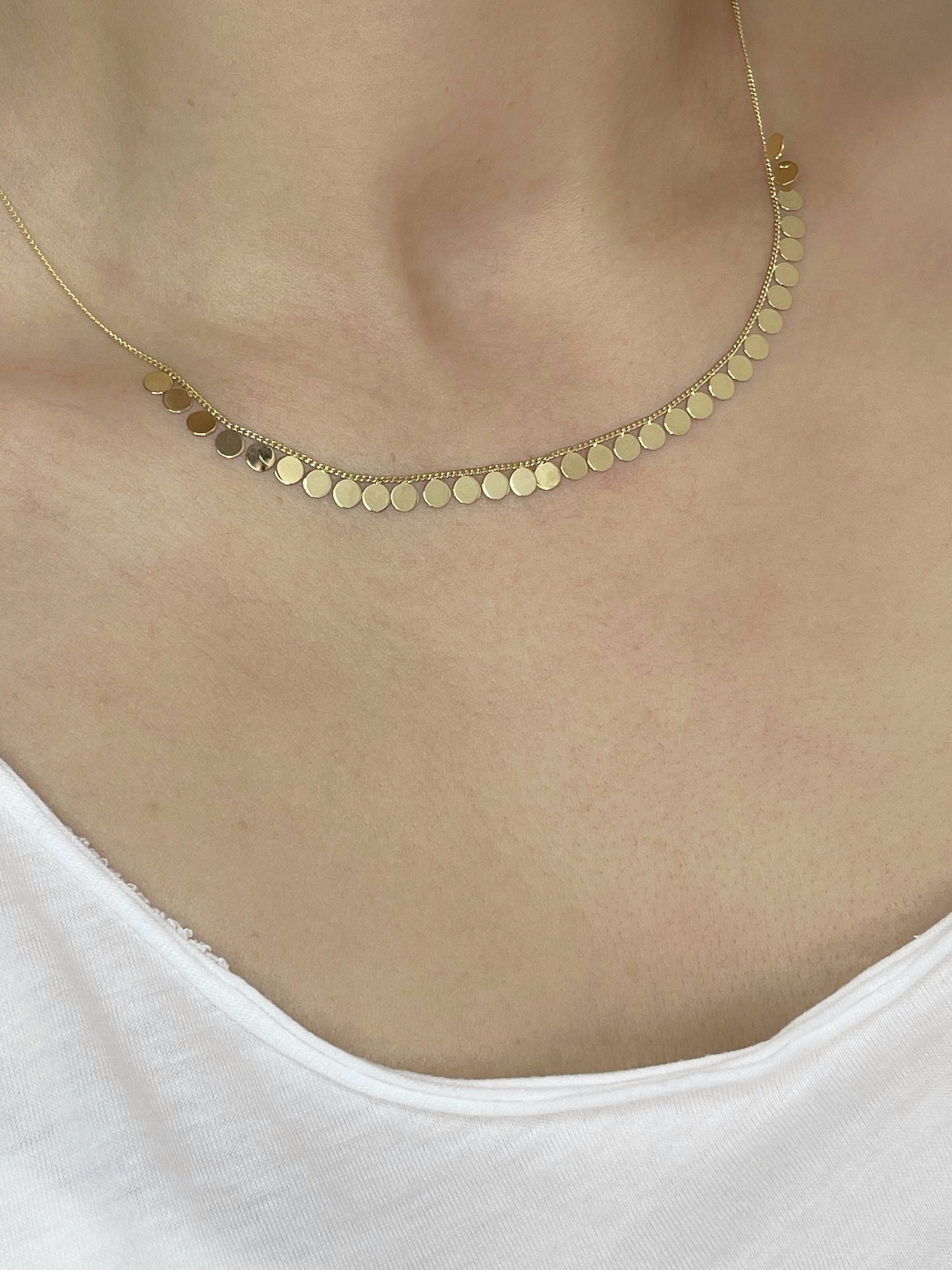 14k Yellow Gold Drop Disc Necklace, Solid Gold Dainty Multi Disk Necklace