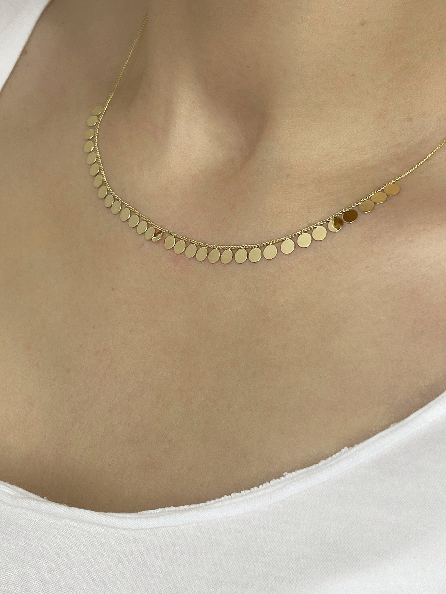 14k Yellow Gold Drop Disc Necklace, Solid Gold Dainty Multi Disk Necklace