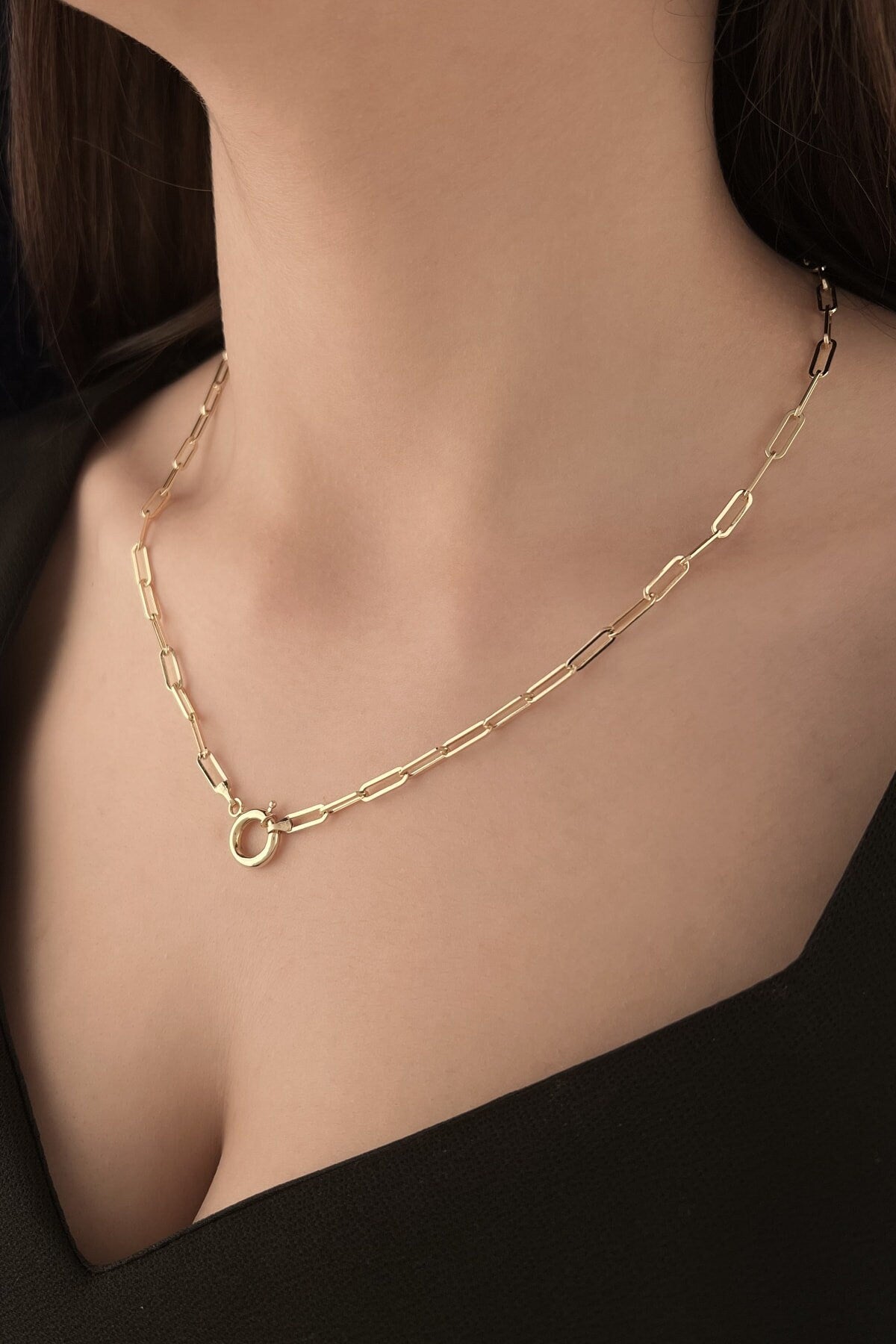 14k Solid Gold Paperclip Chain Necklace, 14k Gold Paperclip Chain