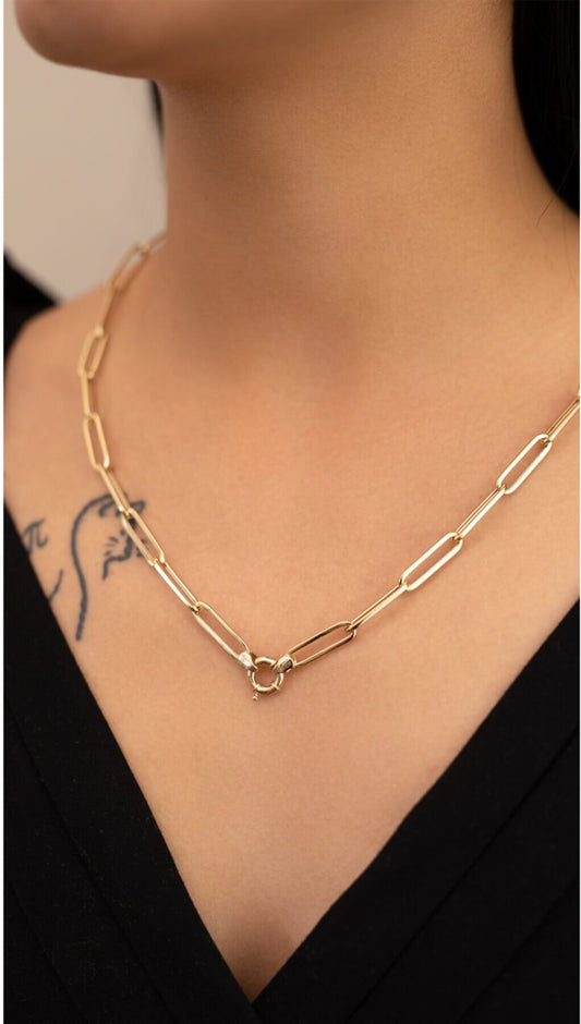 14k Solid Gold Paperclip Chain Necklace, 14k Gold Paperclip Chain