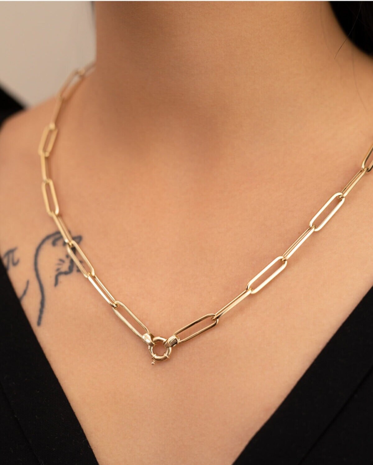 14k Solid Gold Paperclip Chain Necklace, 14k Gold Paperclip Chain