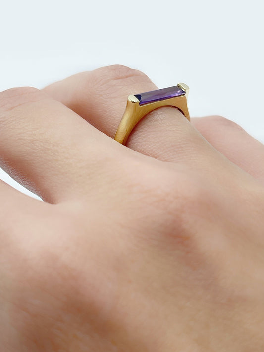 14k Gold Purple zircon Ring, 14k Baguette Pink Ring